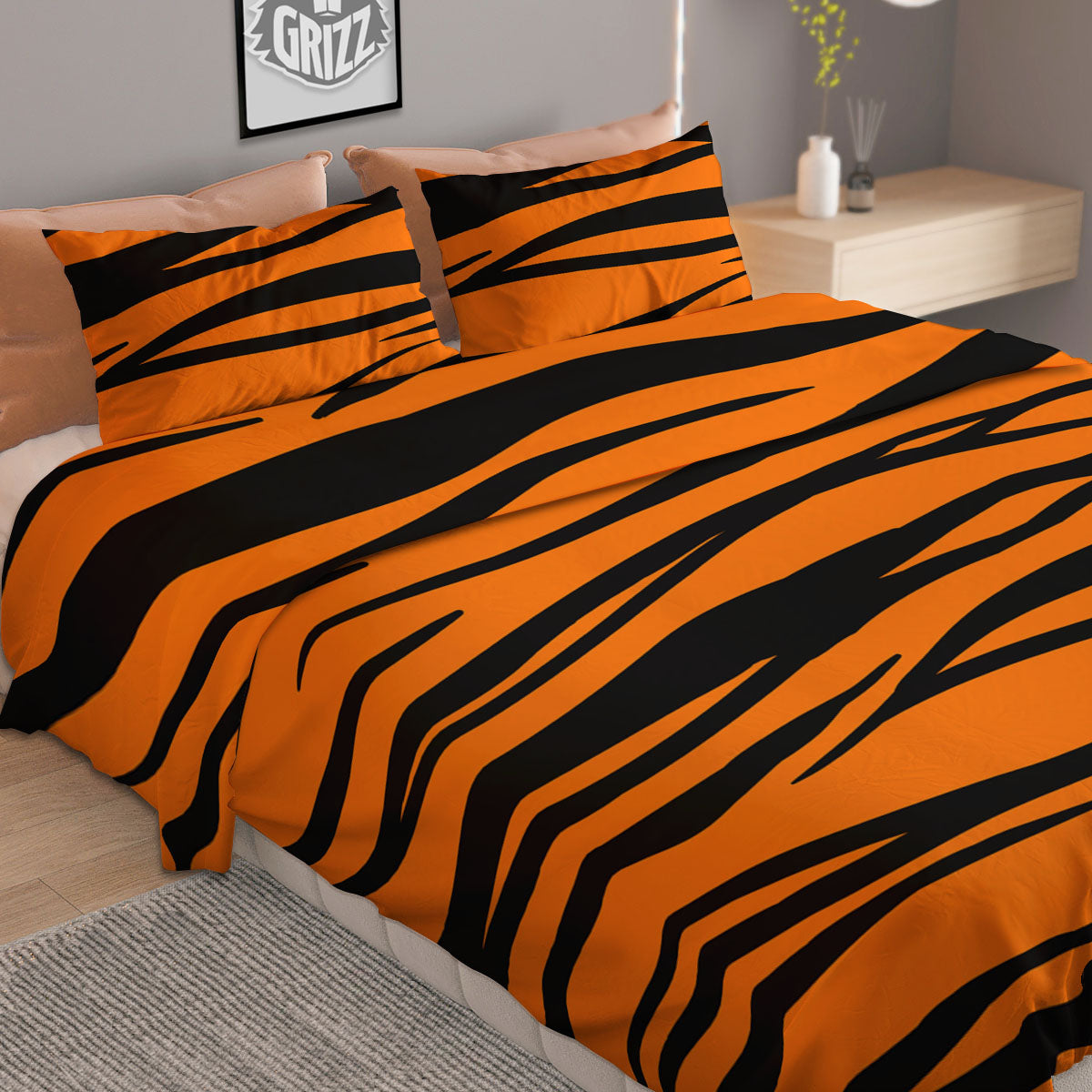 Tiger Stripe Black And Orange Print Duvet Cover Bedding Set