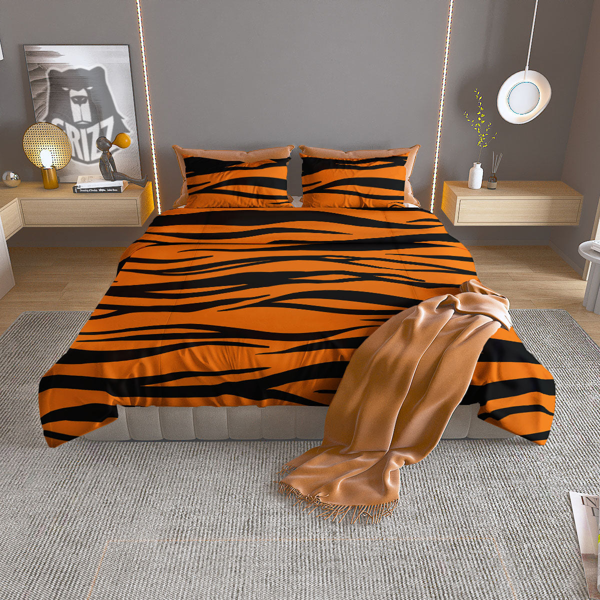 Tiger Stripe Black And Orange Print Duvet Cover Bedding Set