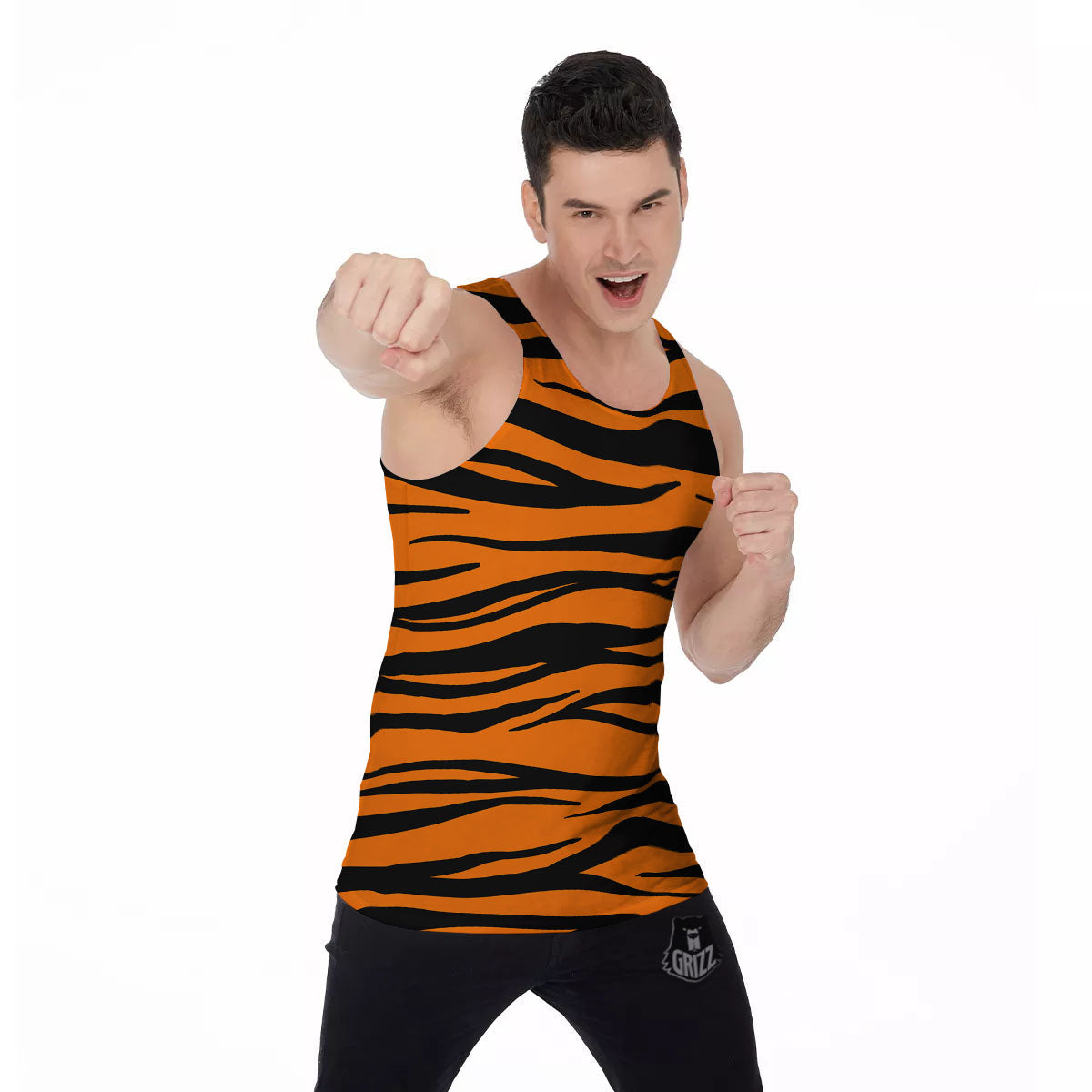 Tiger Stripe Black And Orange Print Men's Tank Top-grizzshop