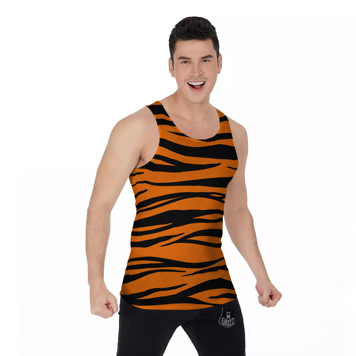 Tiger Stripe Black And Orange Print Men's Tank Top-grizzshop