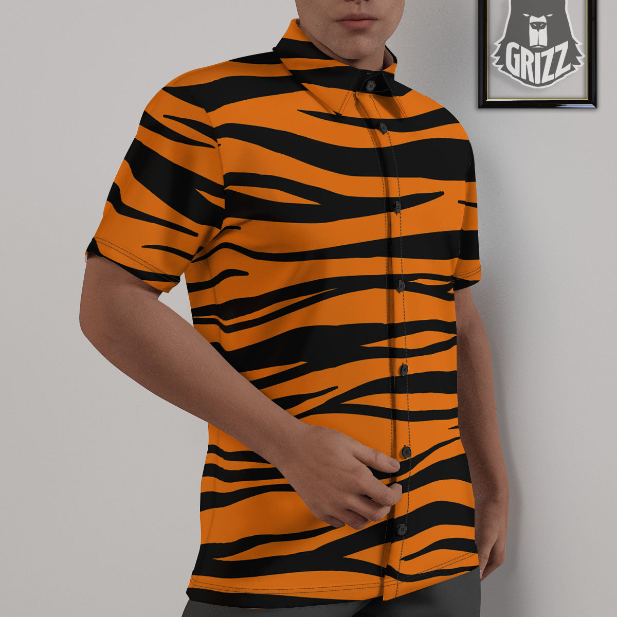 Tiger Stripe Black And Orange Print Untucked Shirts-grizzshop