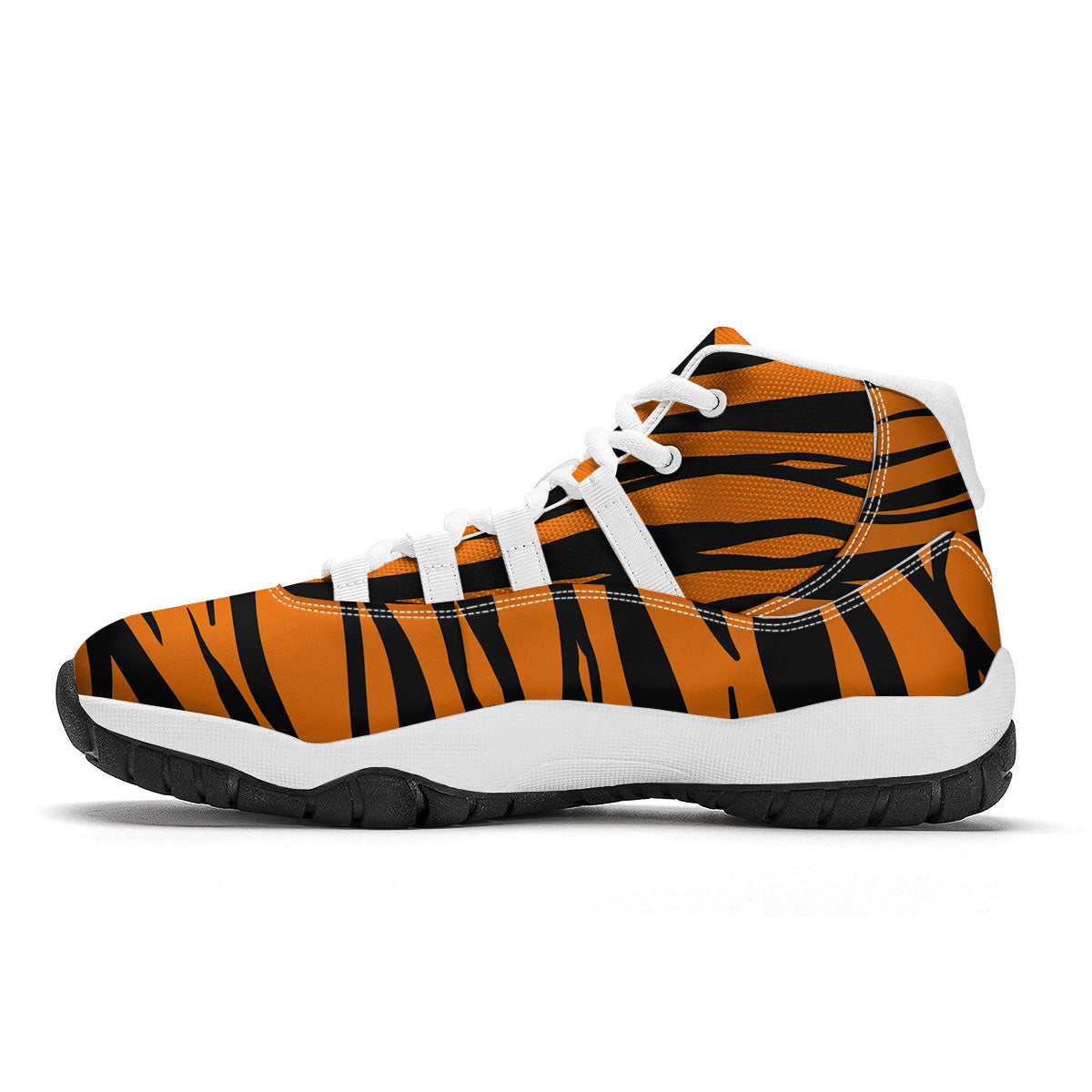 Tiger Stripe Black And Orange Print White Bball Shoes-grizzshop