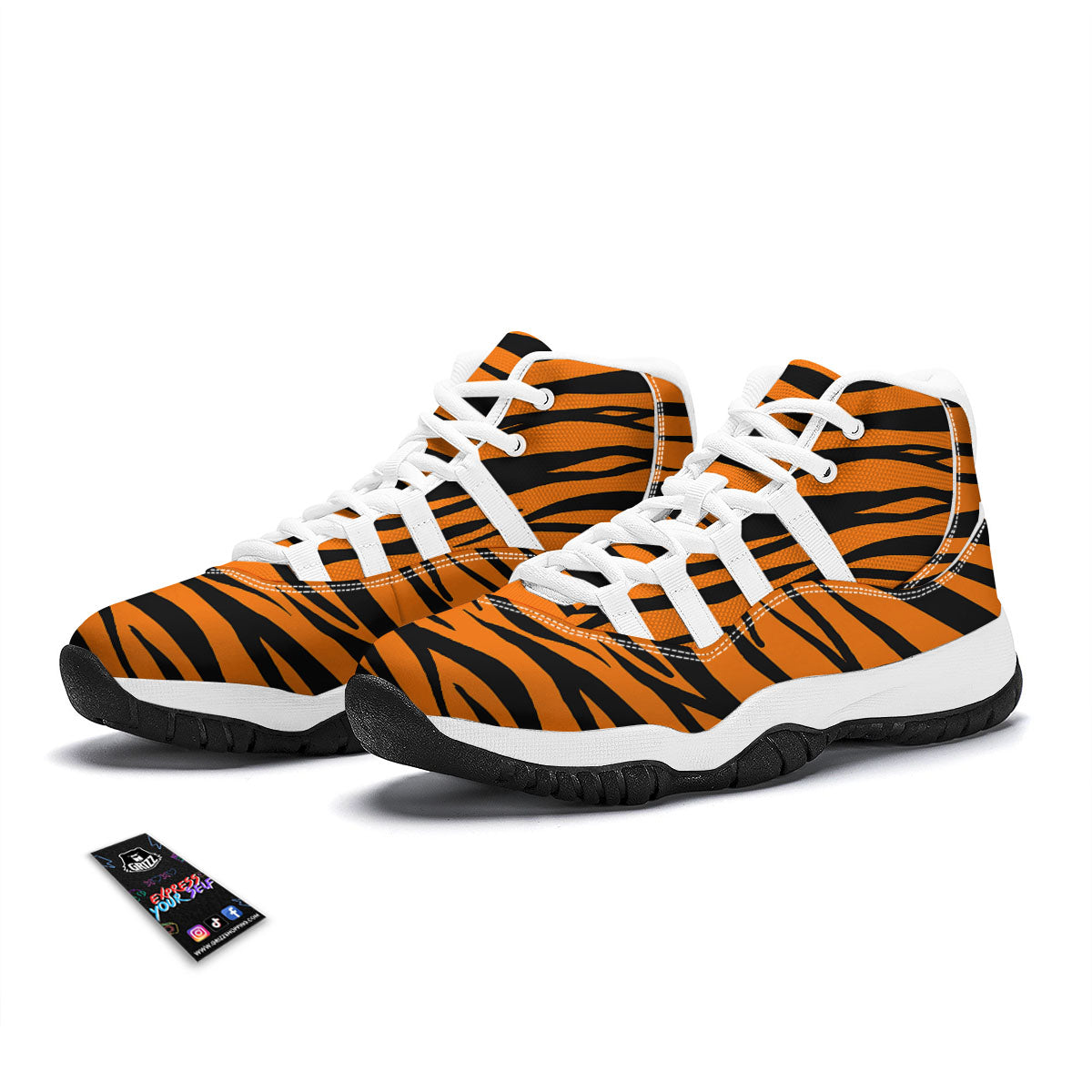 Tiger Stripe Black And Orange Print White Bball Shoes-grizzshop