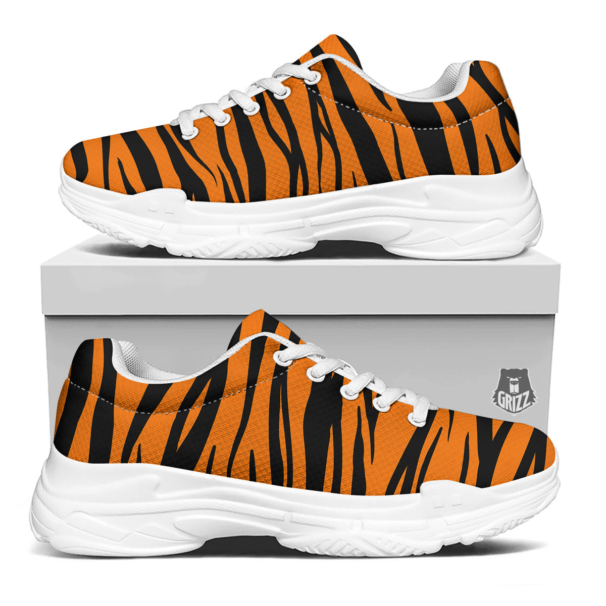 Tiger Stripe Black And Orange Print White Chunky Shoes-grizzshop