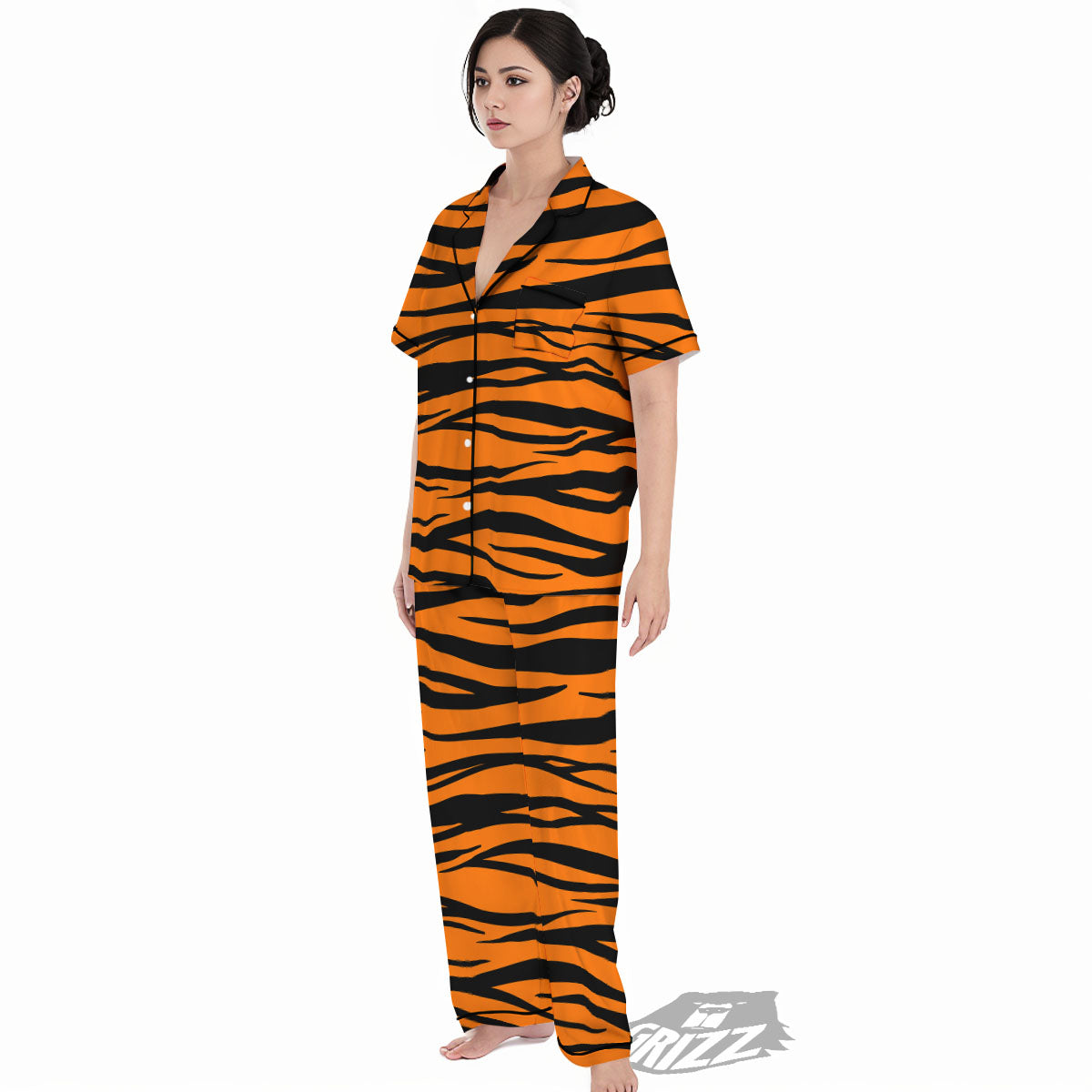 Tiger Stripe Black And Orange Print Women's Pajamas Set-grizzshop