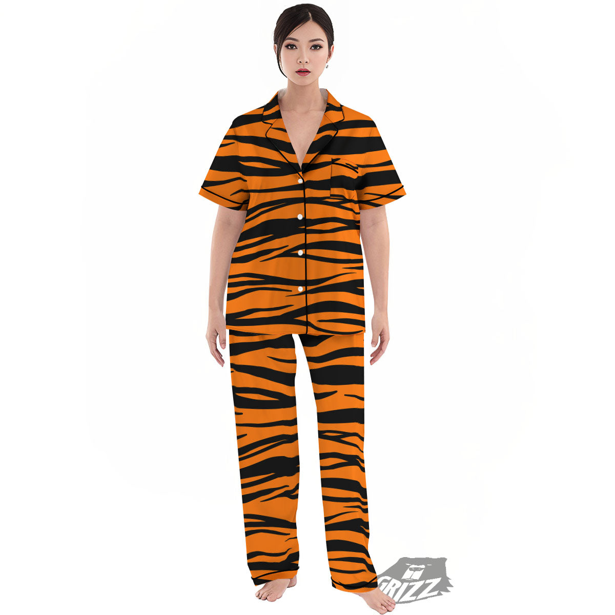 Tiger Stripe Black And Orange Print Women's Pajamas Set-grizzshop
