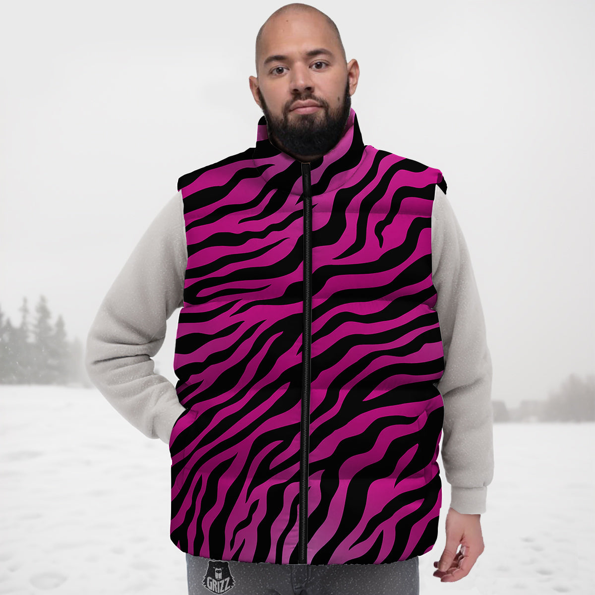 Tiger Stripe Black And Pink Print Down Vest