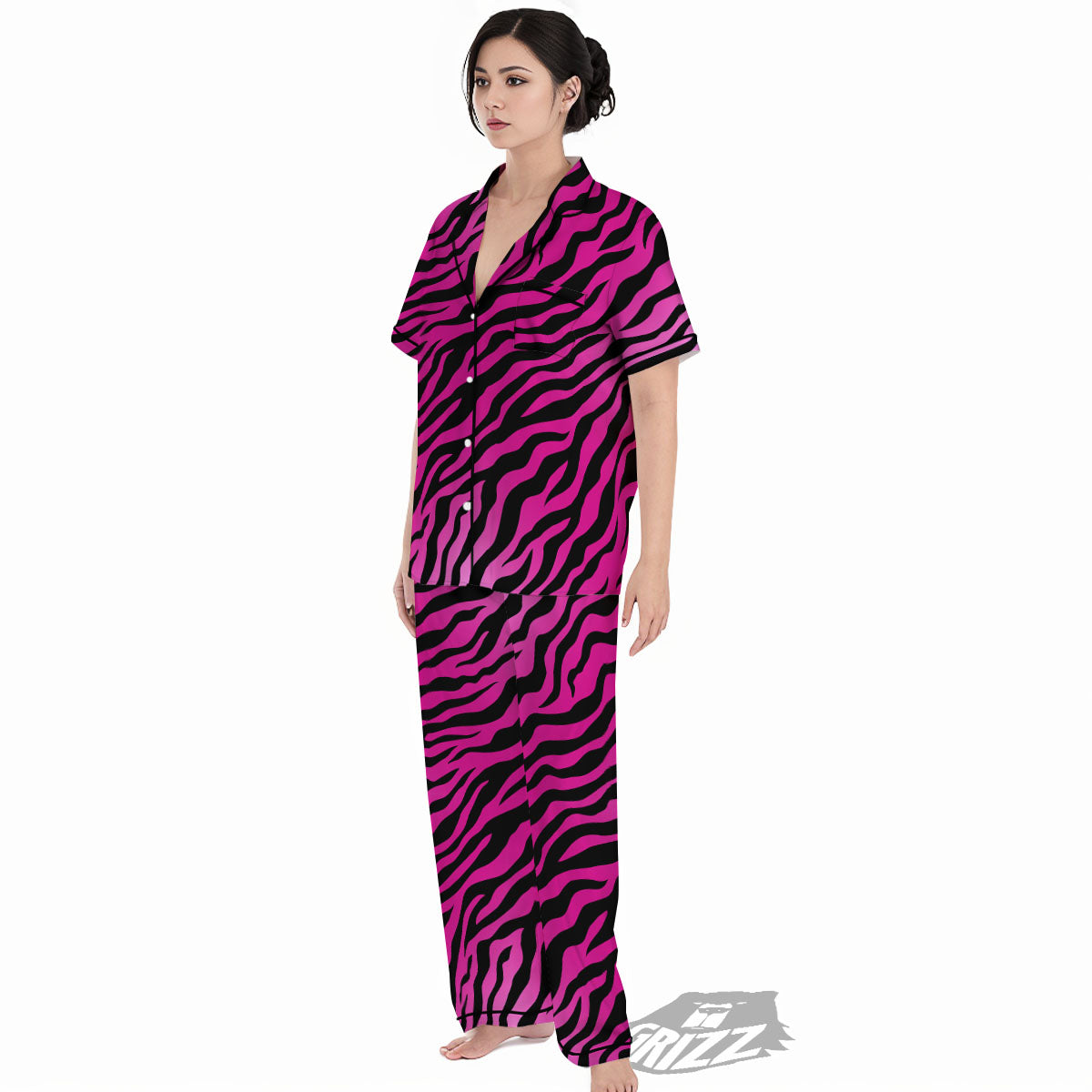 Tiger Stripe Black And Pink Print Women's Pajamas Set-grizzshop