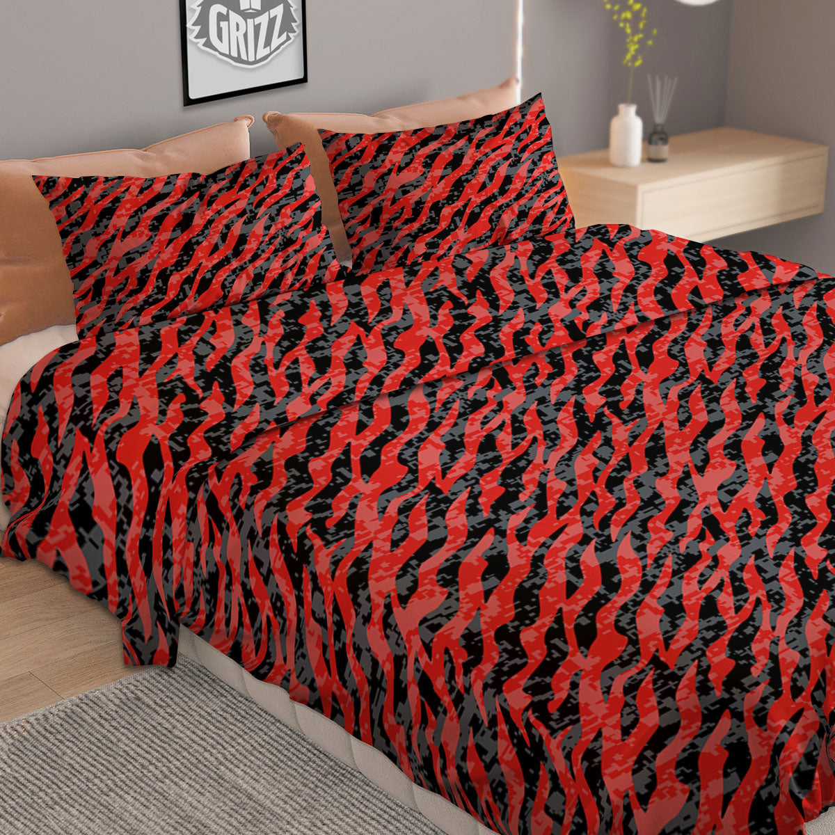 Tiger Stripe Camo Red And Black Print Duvet Cover Bedding Set