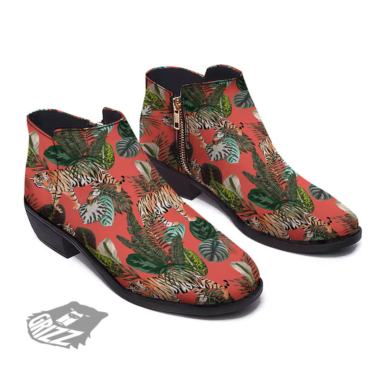 Tiger Tropical Print Pattern Ankle Boots-grizzshop