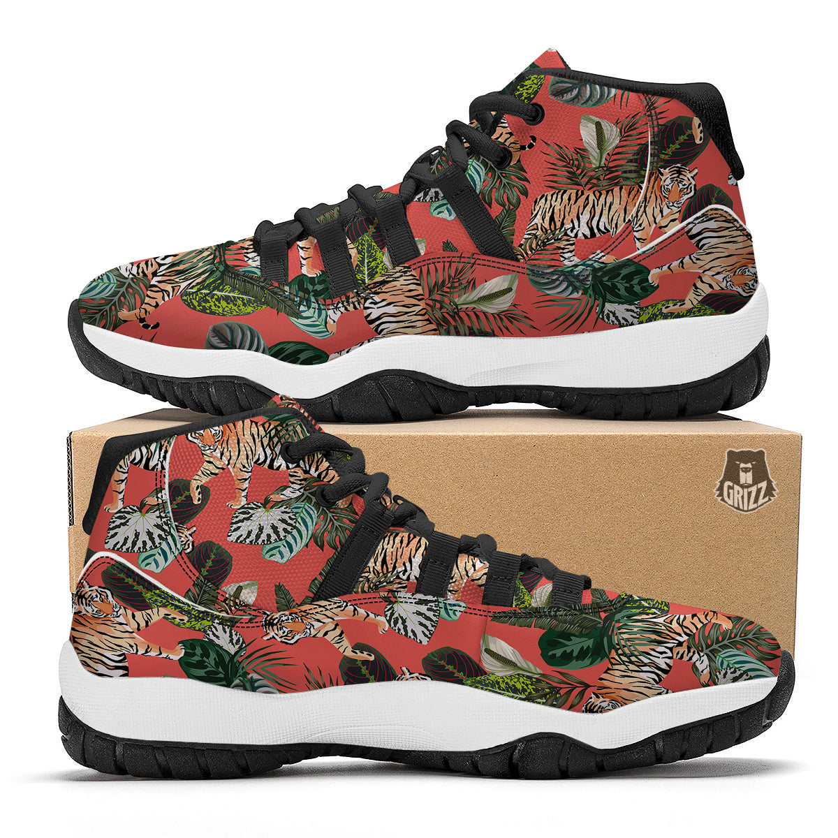 Tiger Tropical Print Pattern Black Bball Shoes-grizzshop