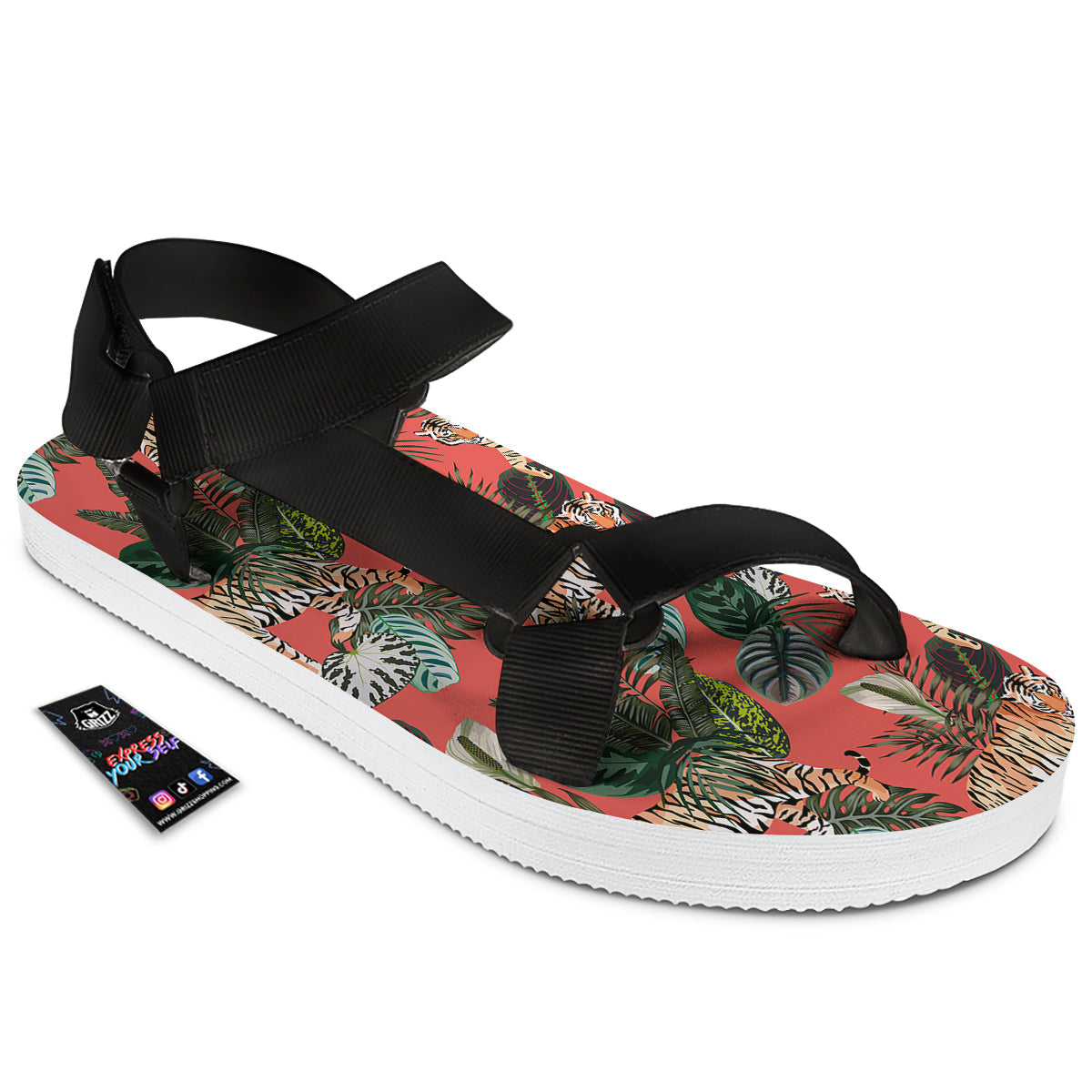 Tiger Tropical Print Pattern Black Open Toe Sandals-grizzshop