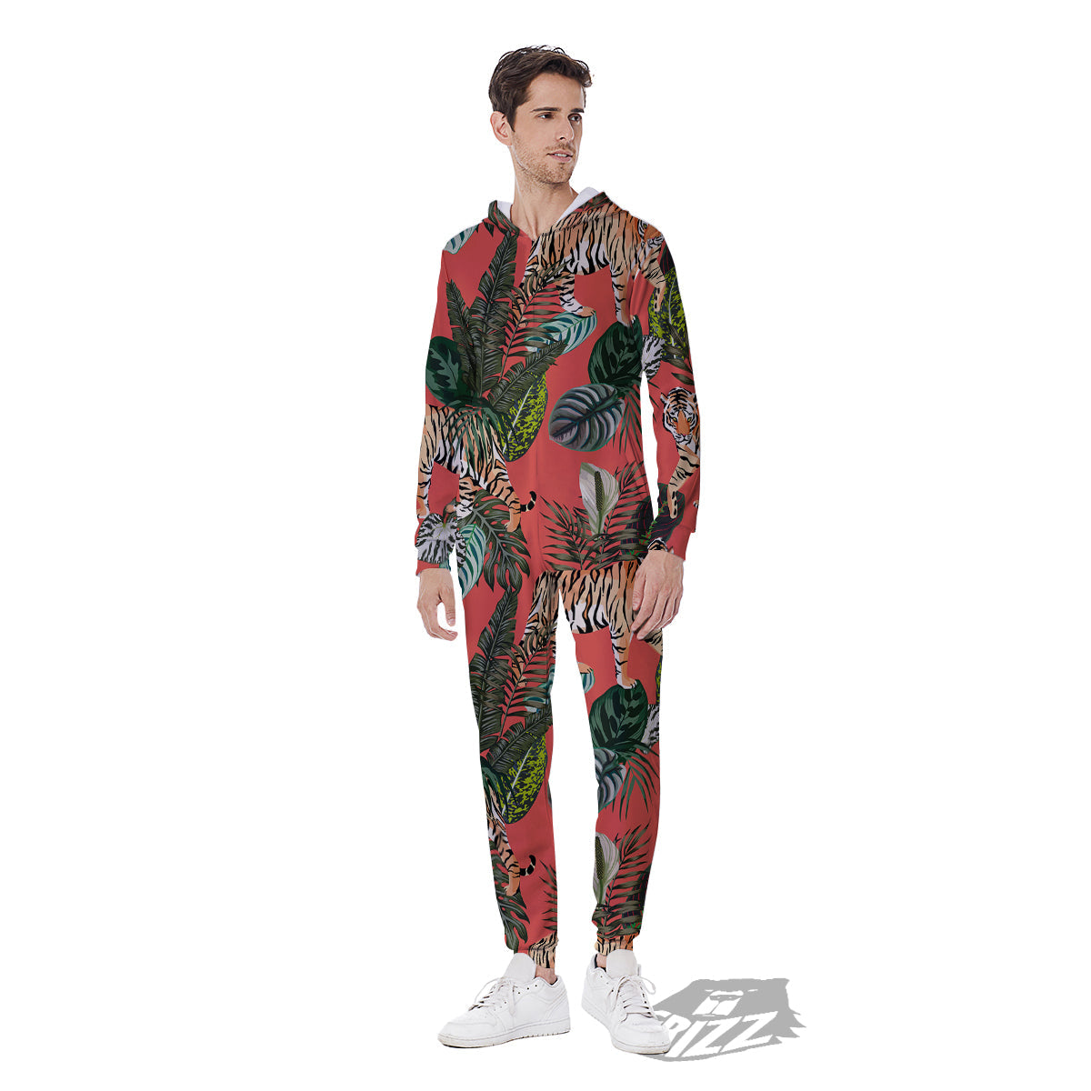 Tiger Tropical Print Pattern Men's Jumpsuit-grizzshop
