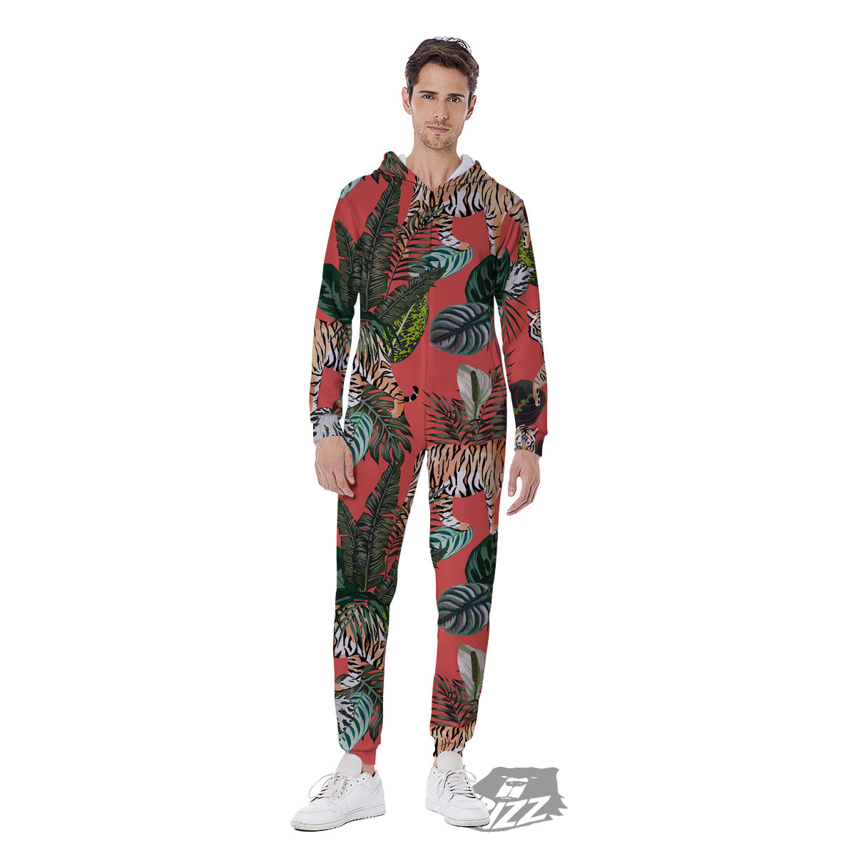 Tiger Tropical Print Pattern Men's Jumpsuit-grizzshop