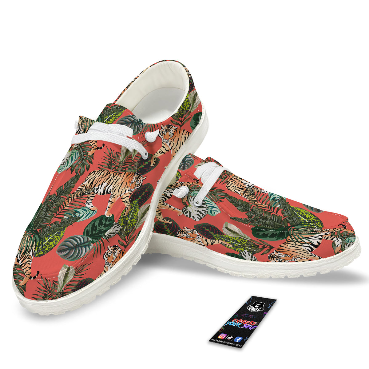 Tiger Tropical Print Pattern White Loafers-grizzshop