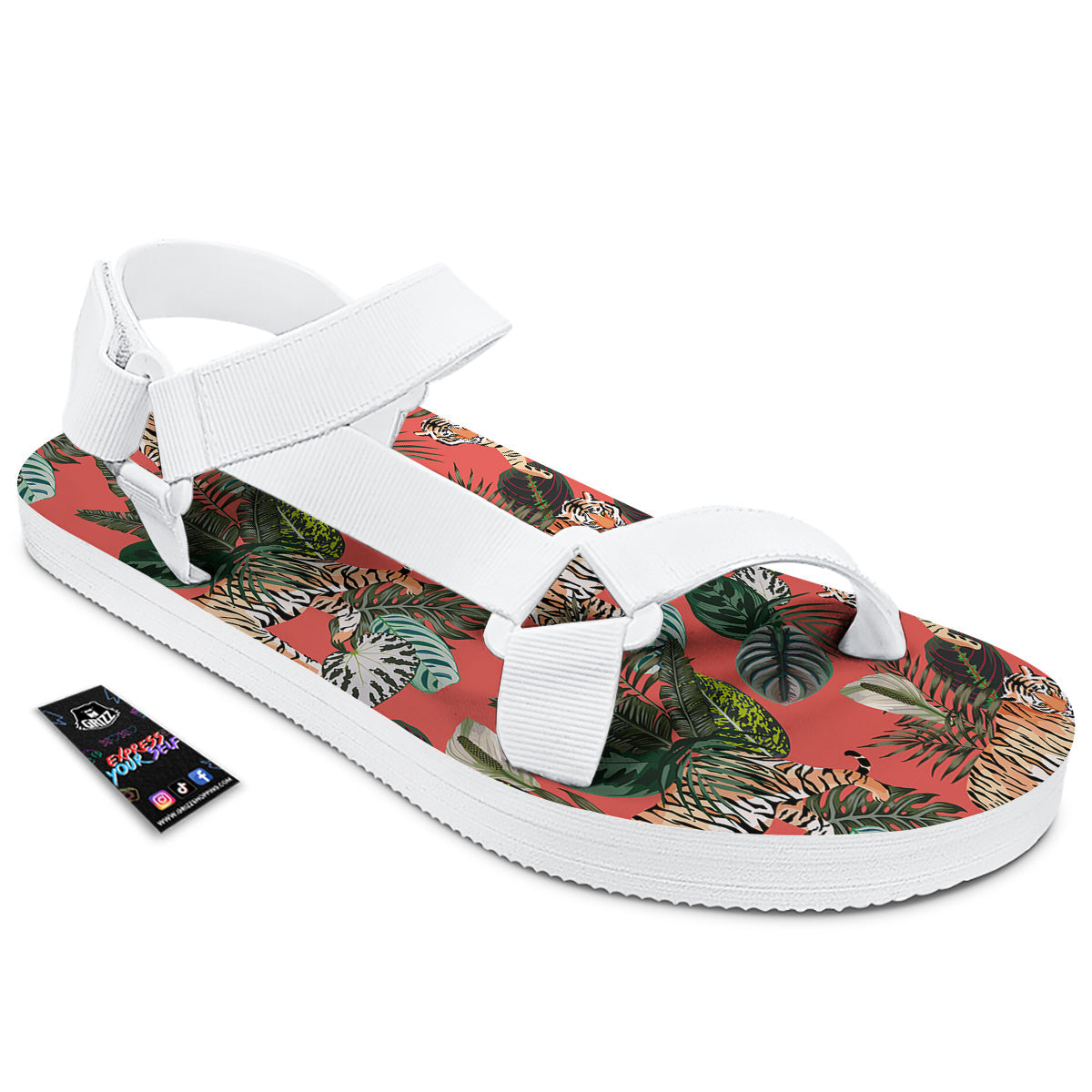 Tiger Tropical Print Pattern White Open Toe Sandals-grizzshop