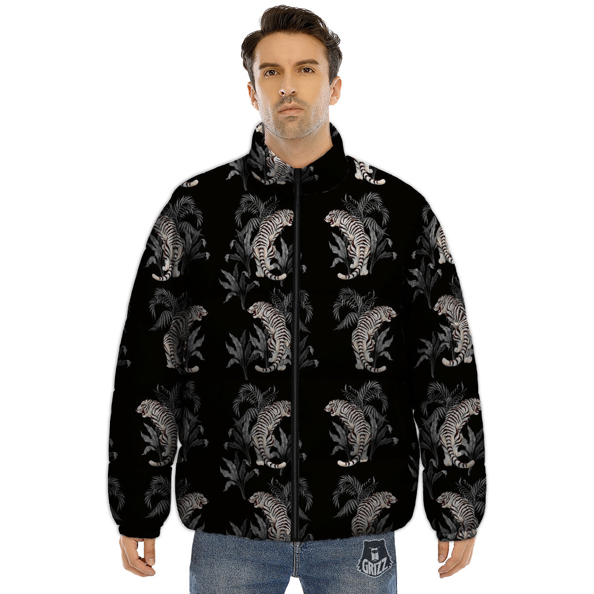 Tiger Tropical Vintage Print Pattern Puffer Jacket-grizzshop