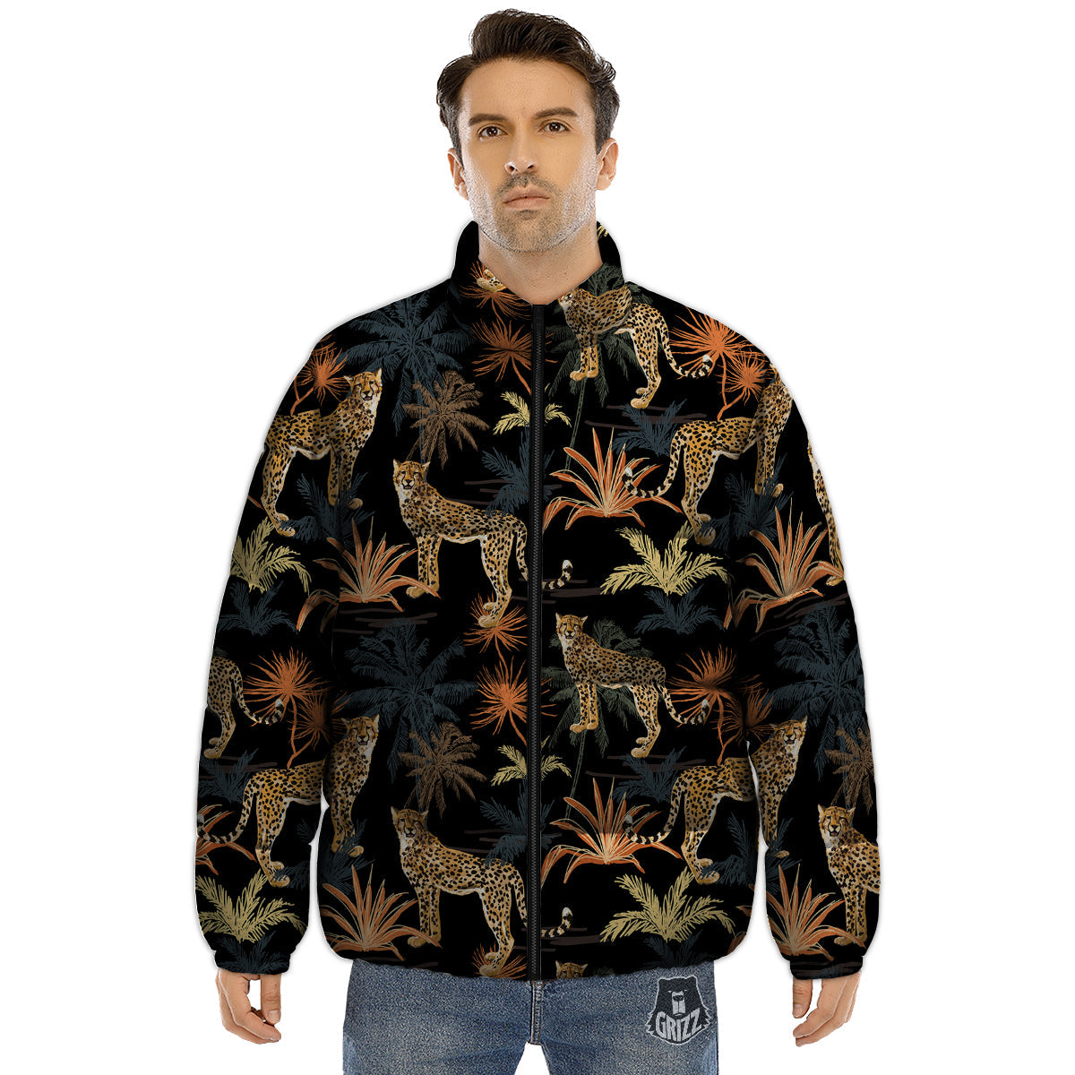Tiger Watercolor Print Pattern Puffer Jacket-grizzshop