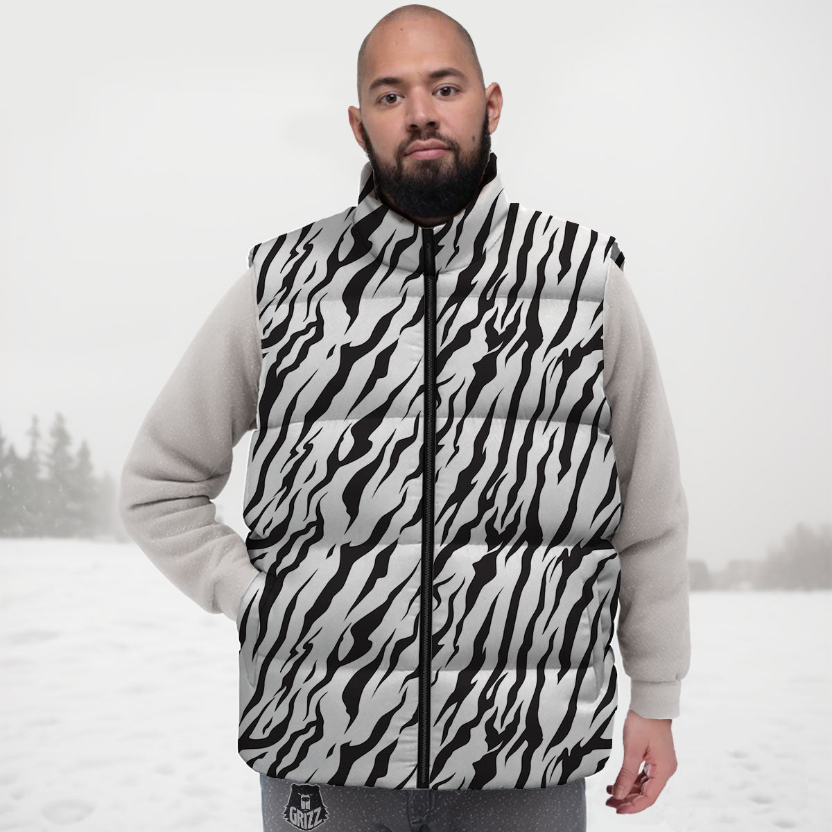 Tiger White And Black Print Pattern Down Vest