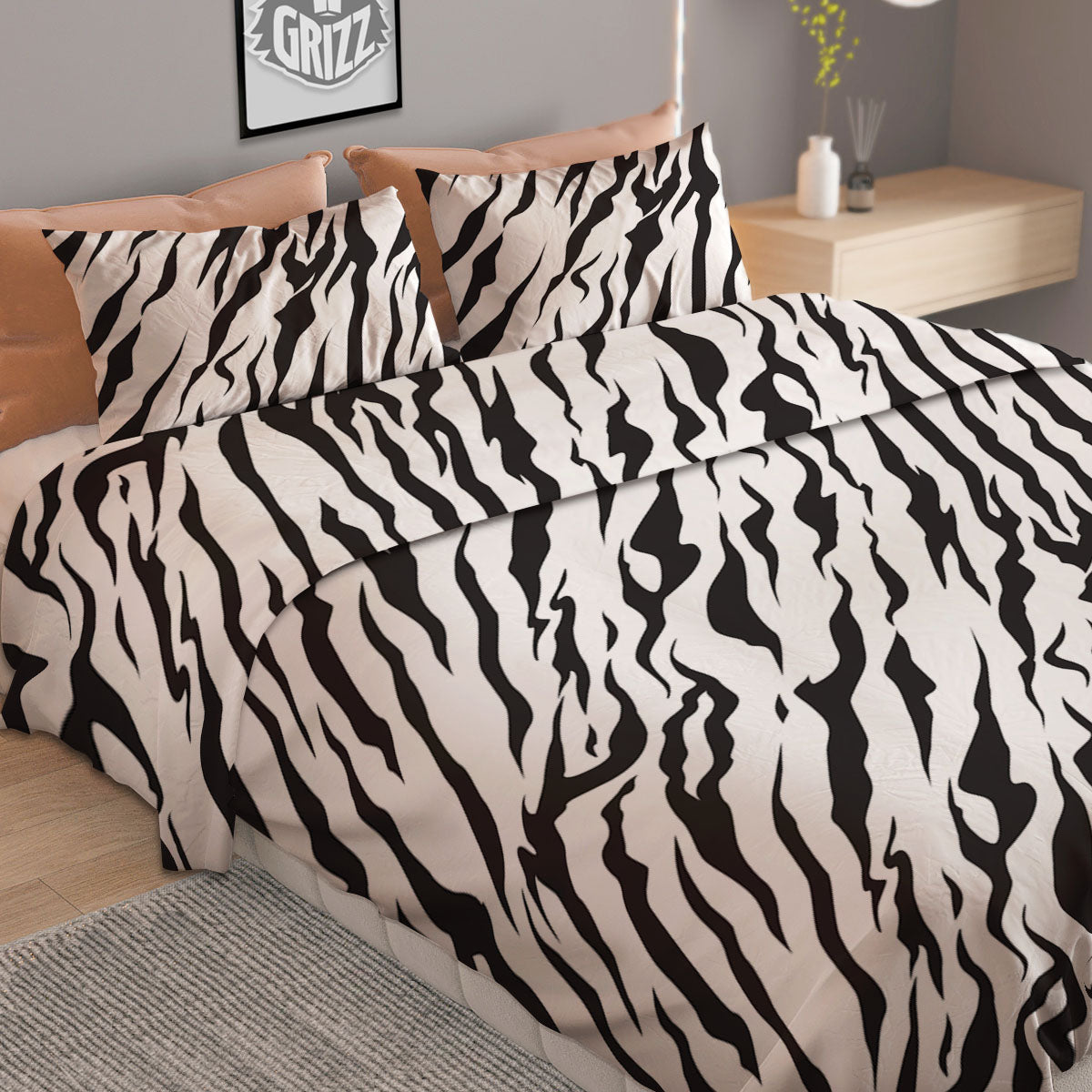 Tiger White And Black Print Pattern Duvet Cover Bedding Set