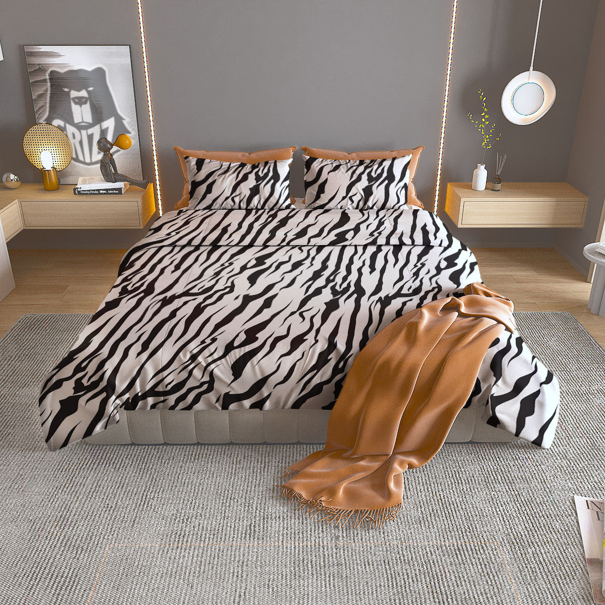 Tiger White And Black Print Pattern Duvet Cover Bedding Set
