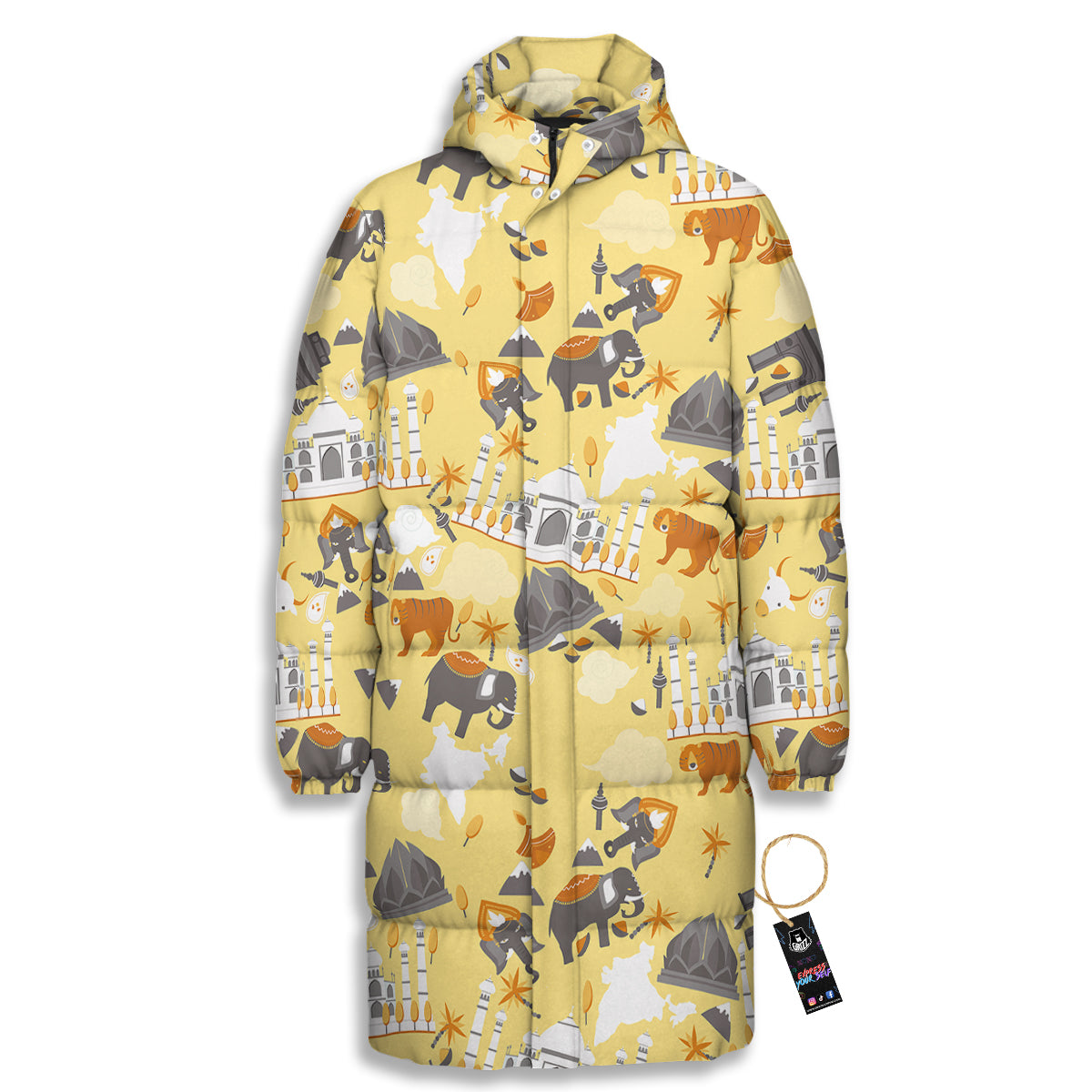 Tiger And Asian Elephant Print Long Down Jacket
