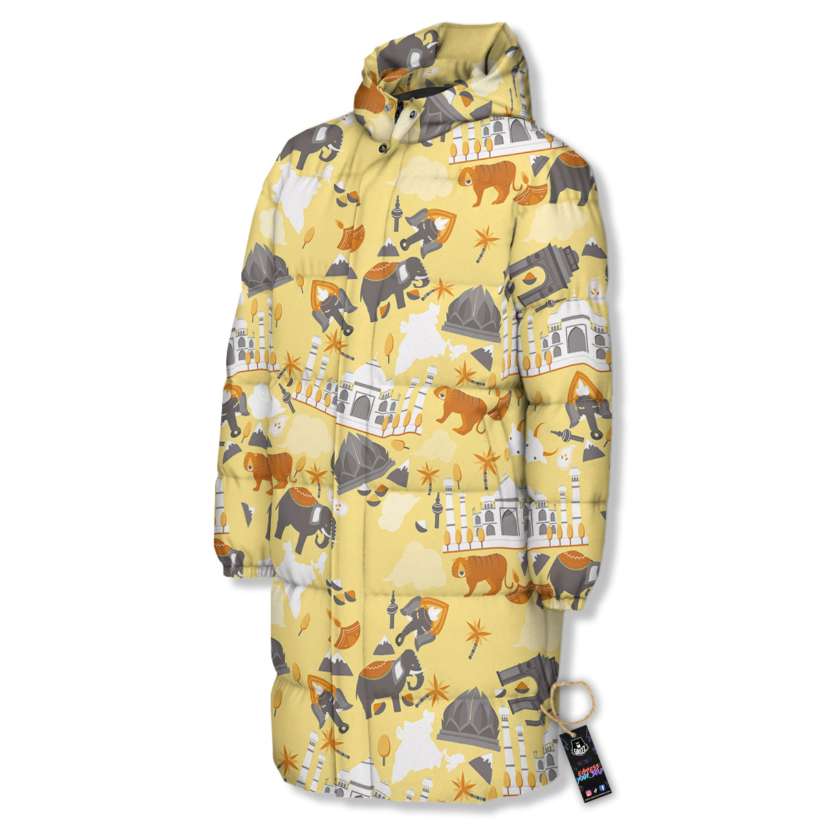 Tiger And Asian Elephant Print Long Down Jacket
