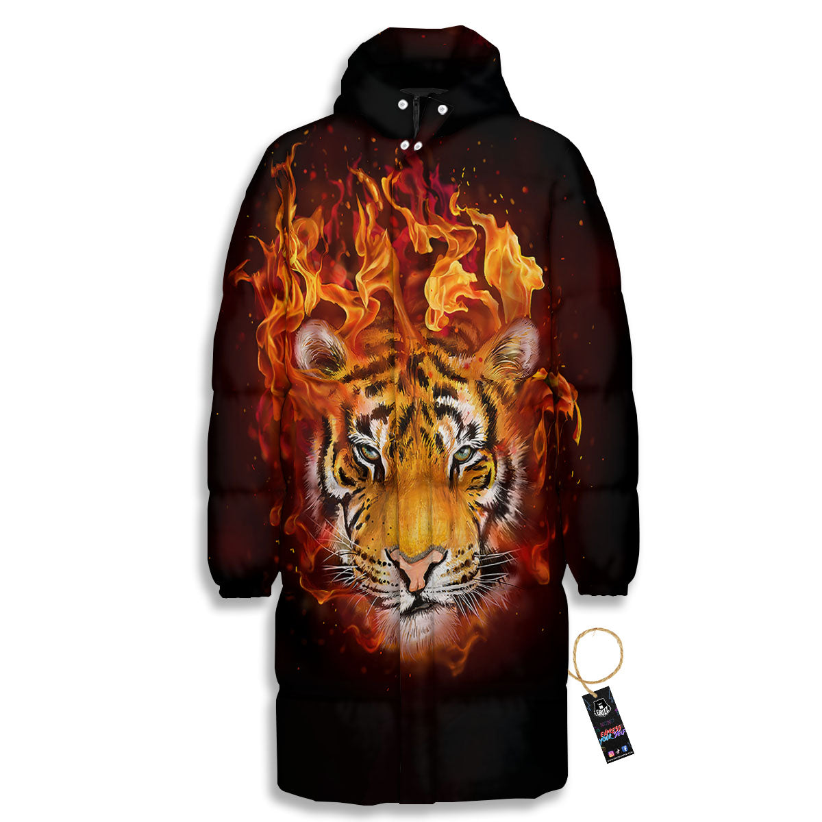 Tiger Flame Print Long Down Jacket
