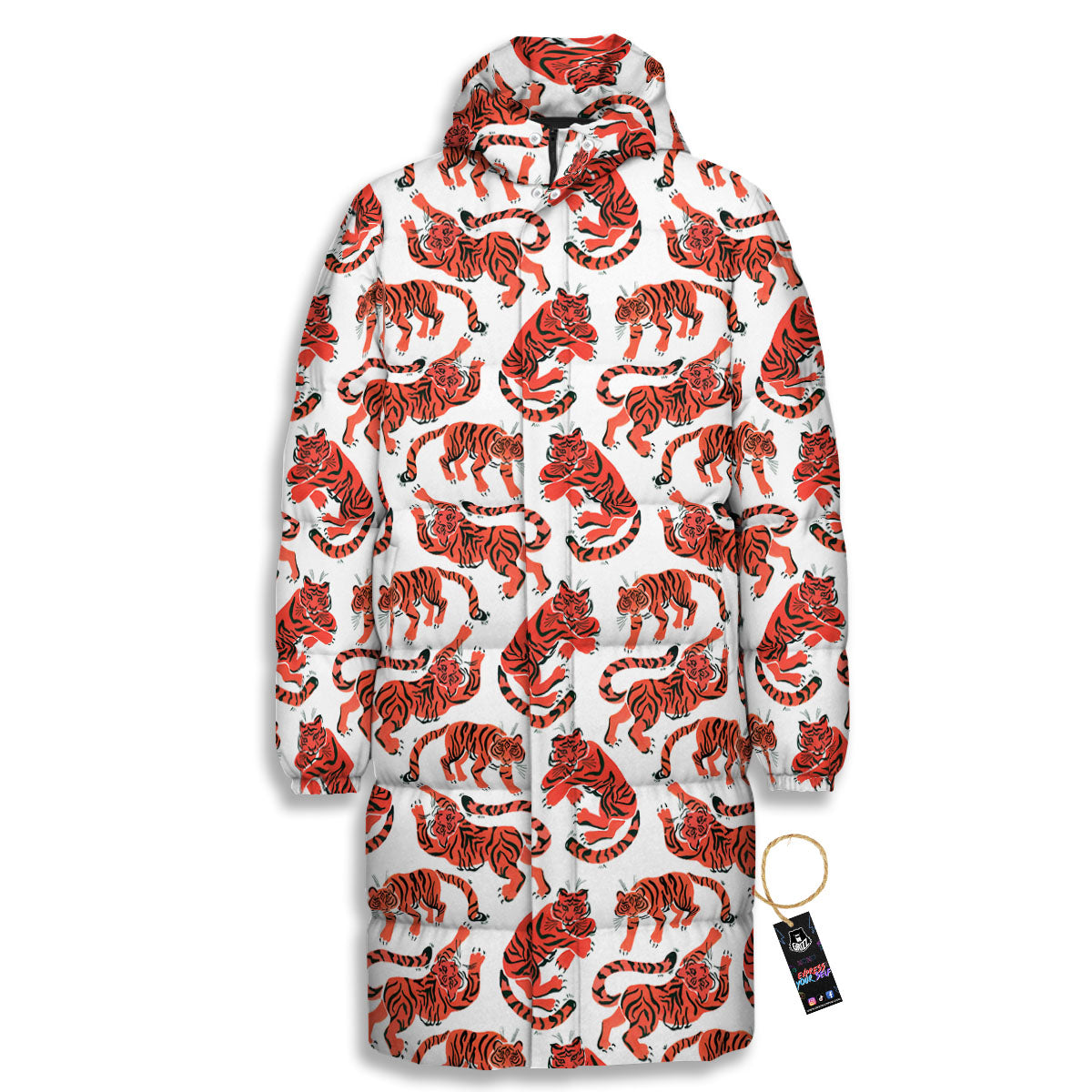 Tiger Gouache Print Pattern Long Down Jacket