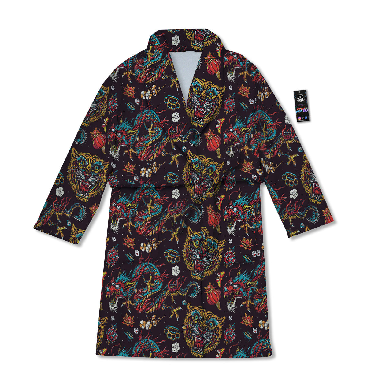 Tigers And Dragons Colorful Tattoo Print Pattern Bathrobe-grizzshop
