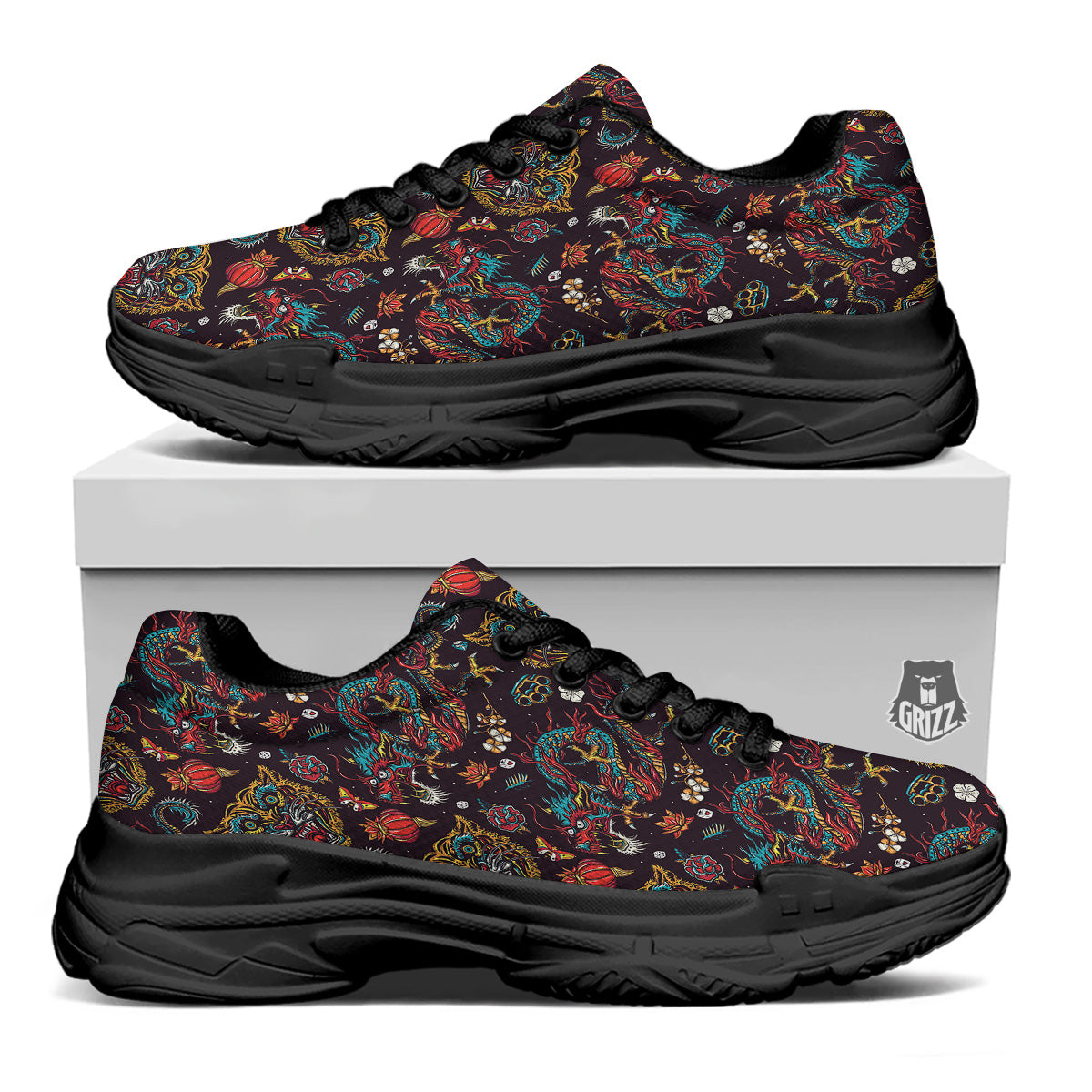 Tigers And Dragons Colorful Tattoo Print Pattern Black Chunky Shoes-grizzshop