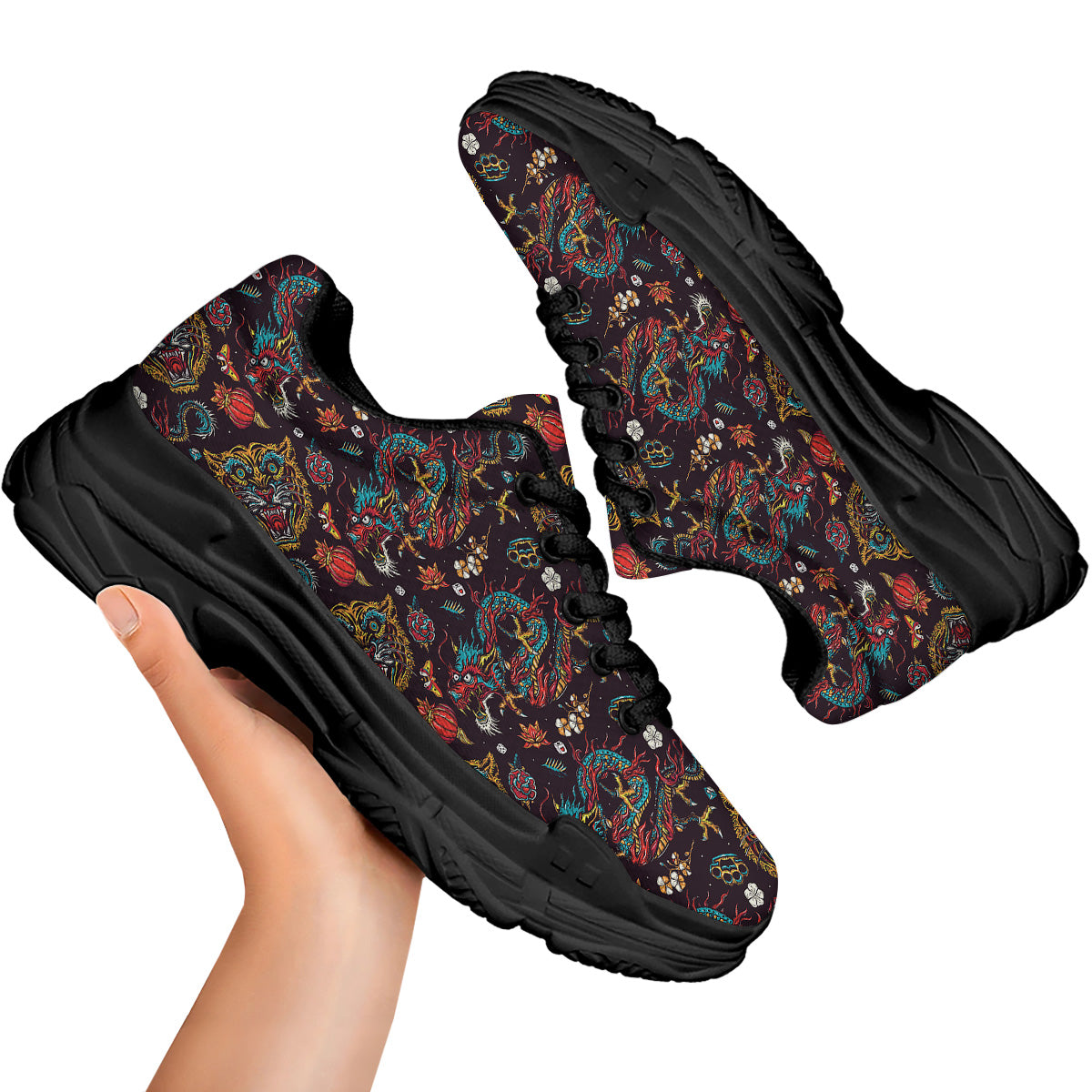 Tigers And Dragons Colorful Tattoo Print Pattern Black Chunky Shoes-grizzshop