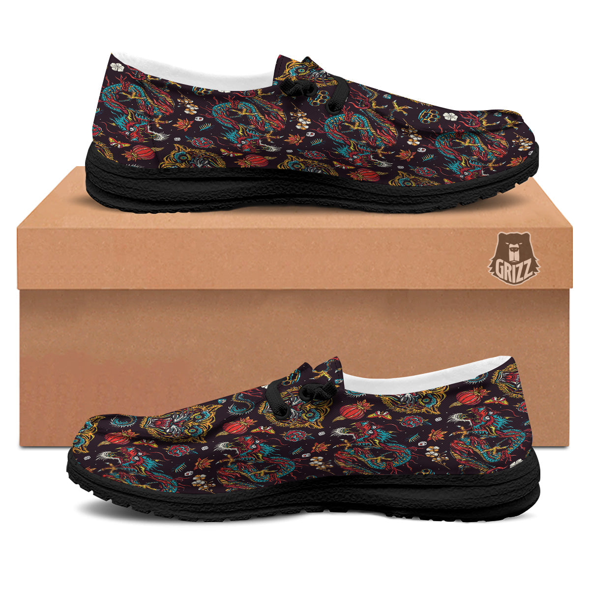 Tigers And Dragons Colorful Tattoo Print Pattern Black Loafers-grizzshop