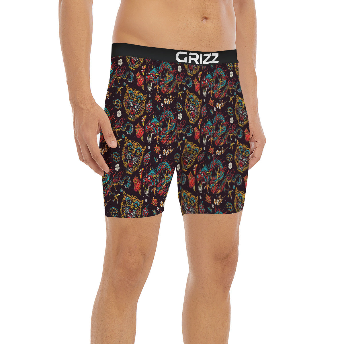 Tigers And Dragons Colorful Tattoo Print Pattern Boxer Briefs-grizzshop