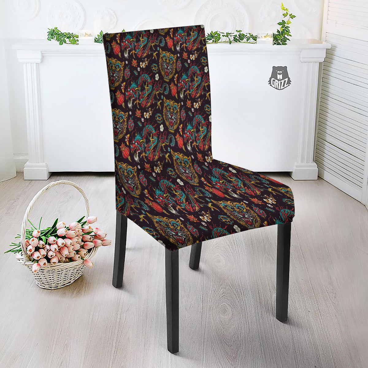Tigers And Dragons Colorful Tattoo Print Pattern Dining Chair Slipcover-grizzshop