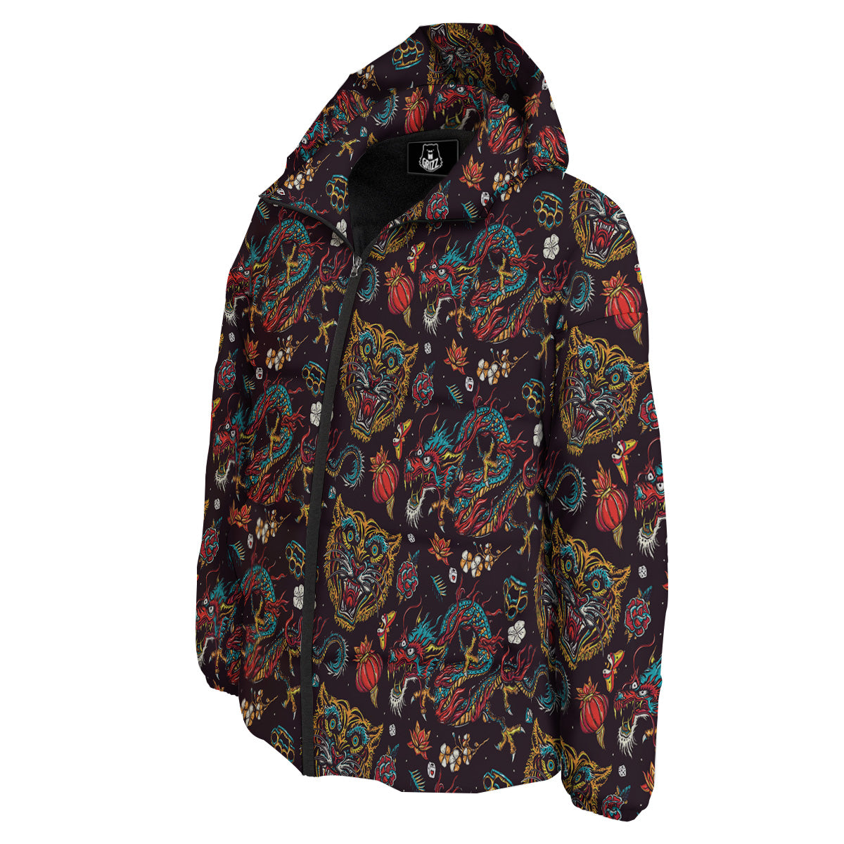 Tigers And Dragons Colorful Tattoo Print Pattern Down Jacket-grizzshop