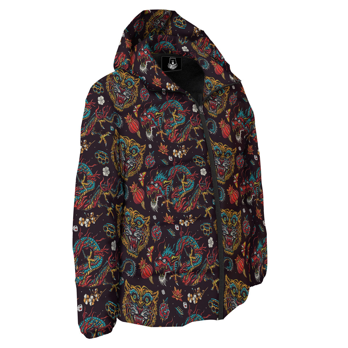 Tigers And Dragons Colorful Tattoo Print Pattern Down Jacket-grizzshop