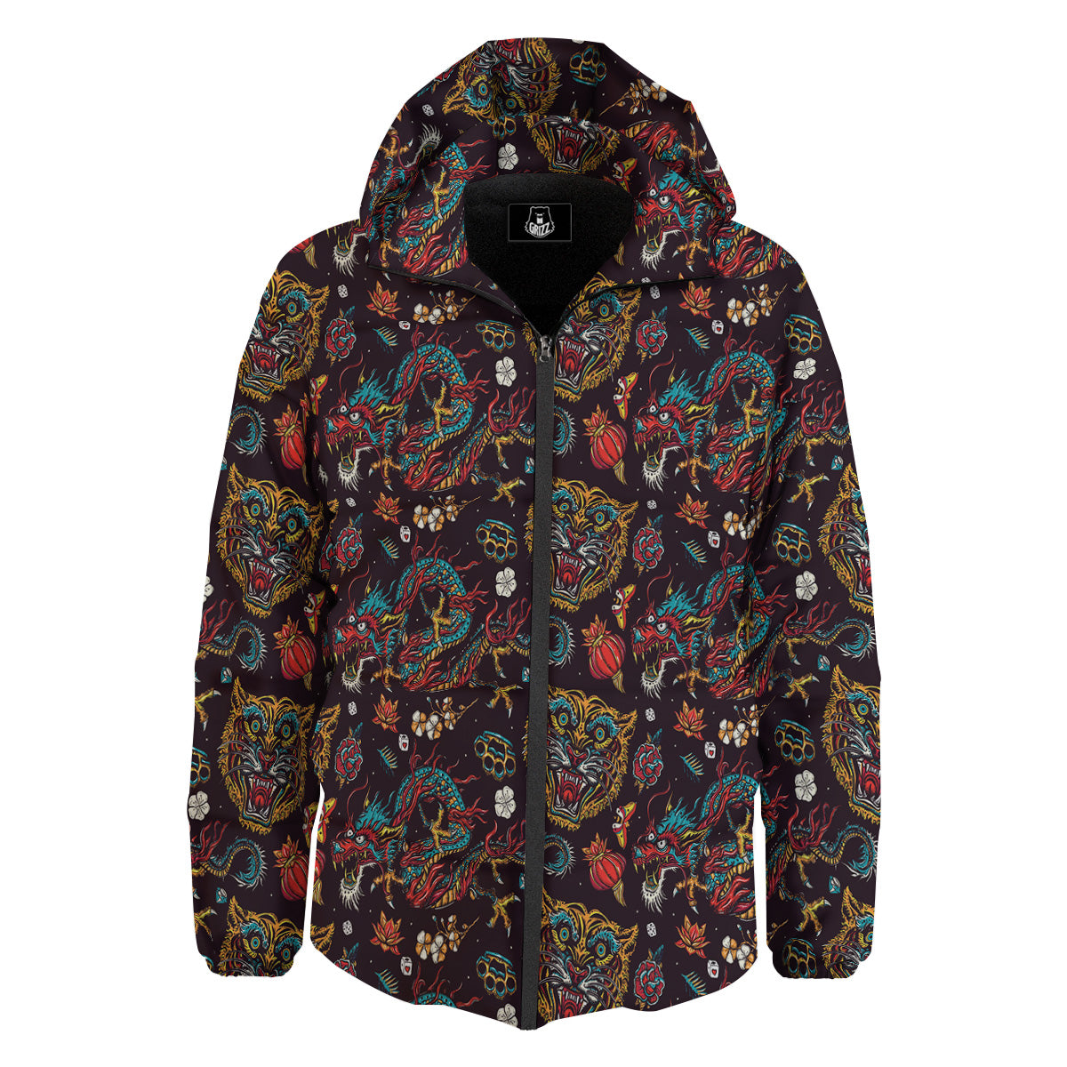 Tigers And Dragons Colorful Tattoo Print Pattern Down Jacket-grizzshop