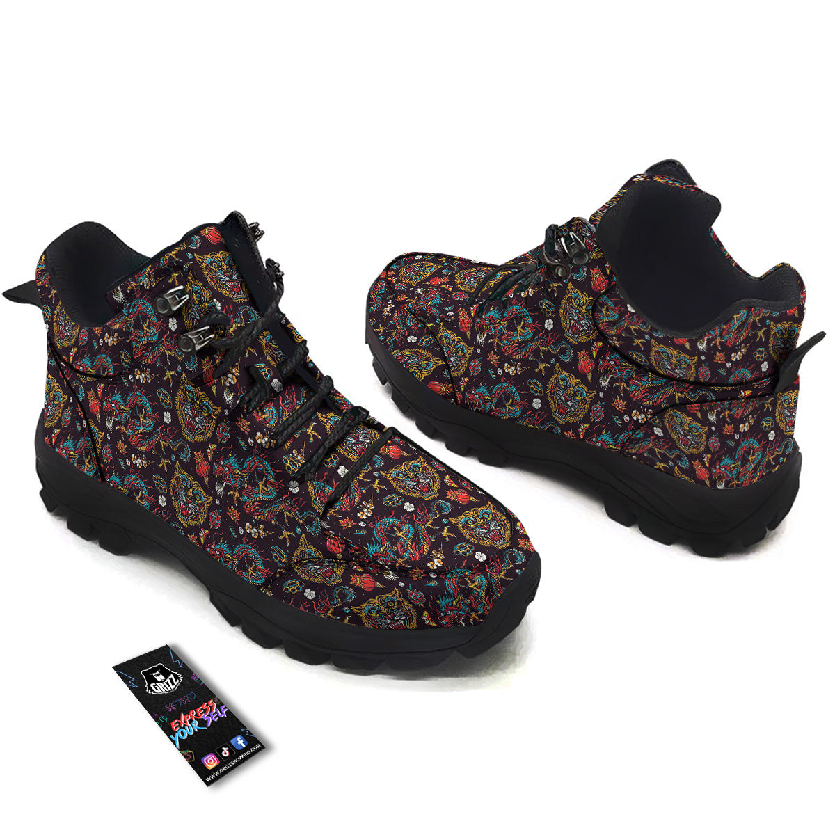 Tigers And Dragons Colorful Tattoo Print Pattern Hiking Shoes-grizzshop