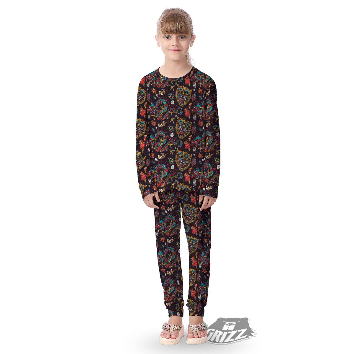Tigers And Dragons Colorful Tattoo Print Pattern Kid's Pajamas-grizzshop
