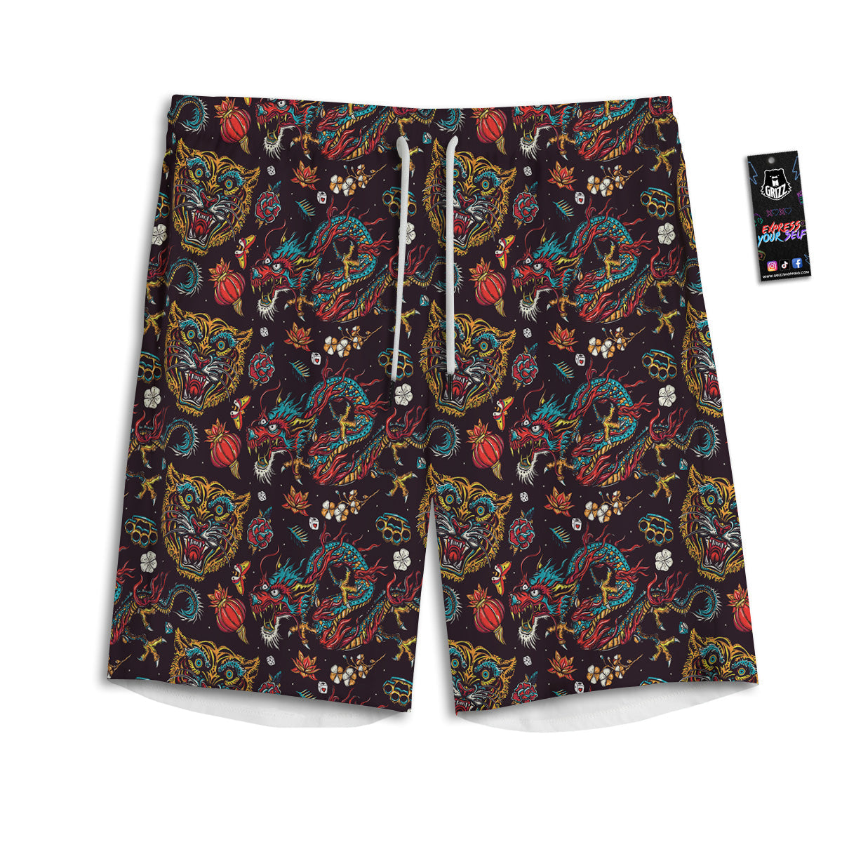 Tigers And Dragons Colorful Tattoo Print Pattern Men's Athletic Shorts