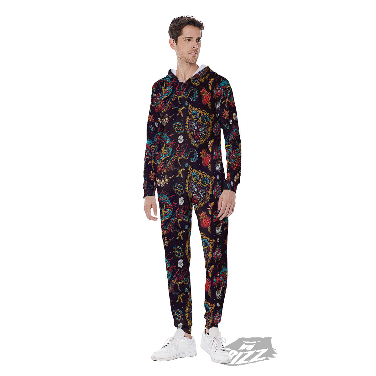 Tigers And Dragons Colorful Tattoo Print Pattern Men's Jumpsuit-grizzshop