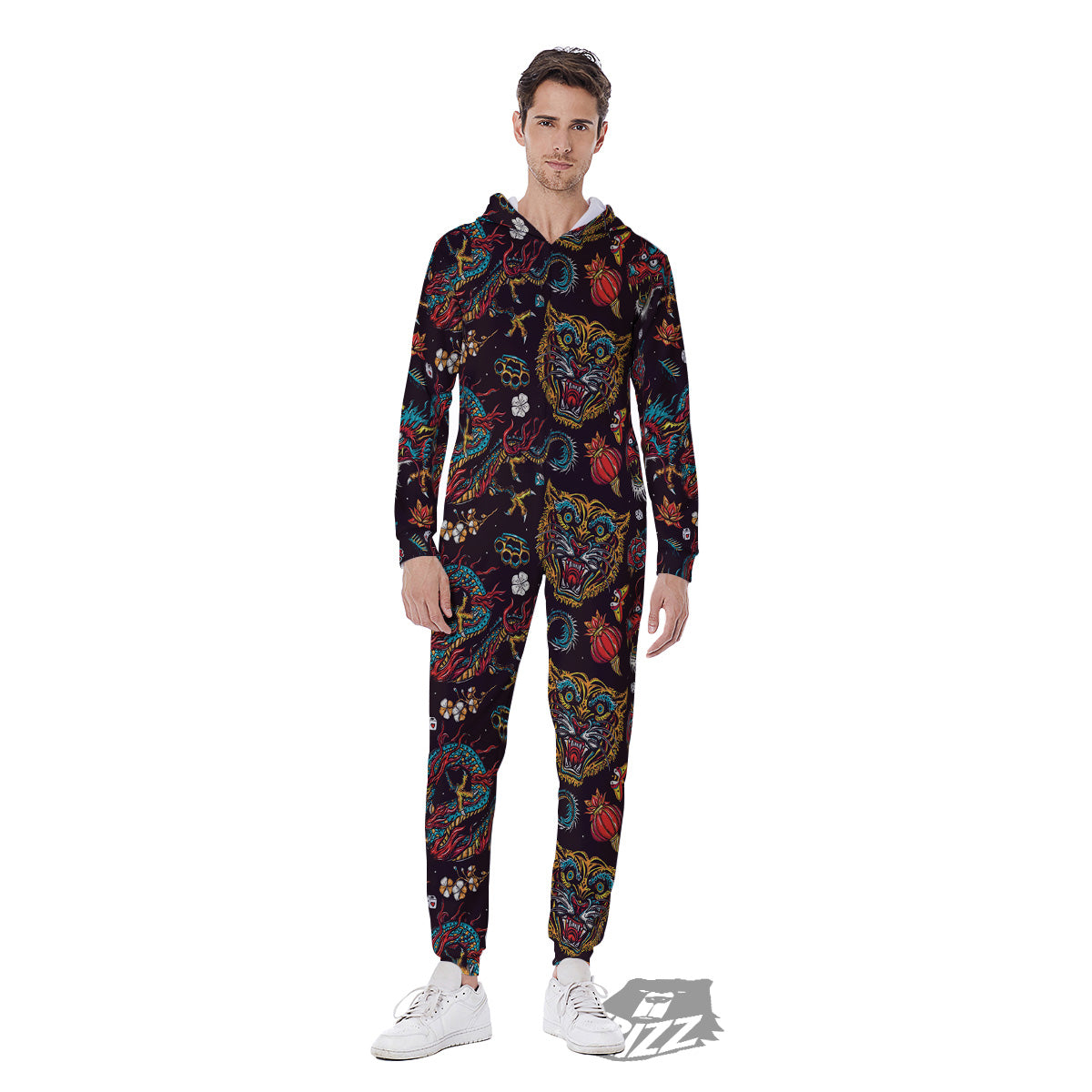 Tigers And Dragons Colorful Tattoo Print Pattern Men's Jumpsuit-grizzshop