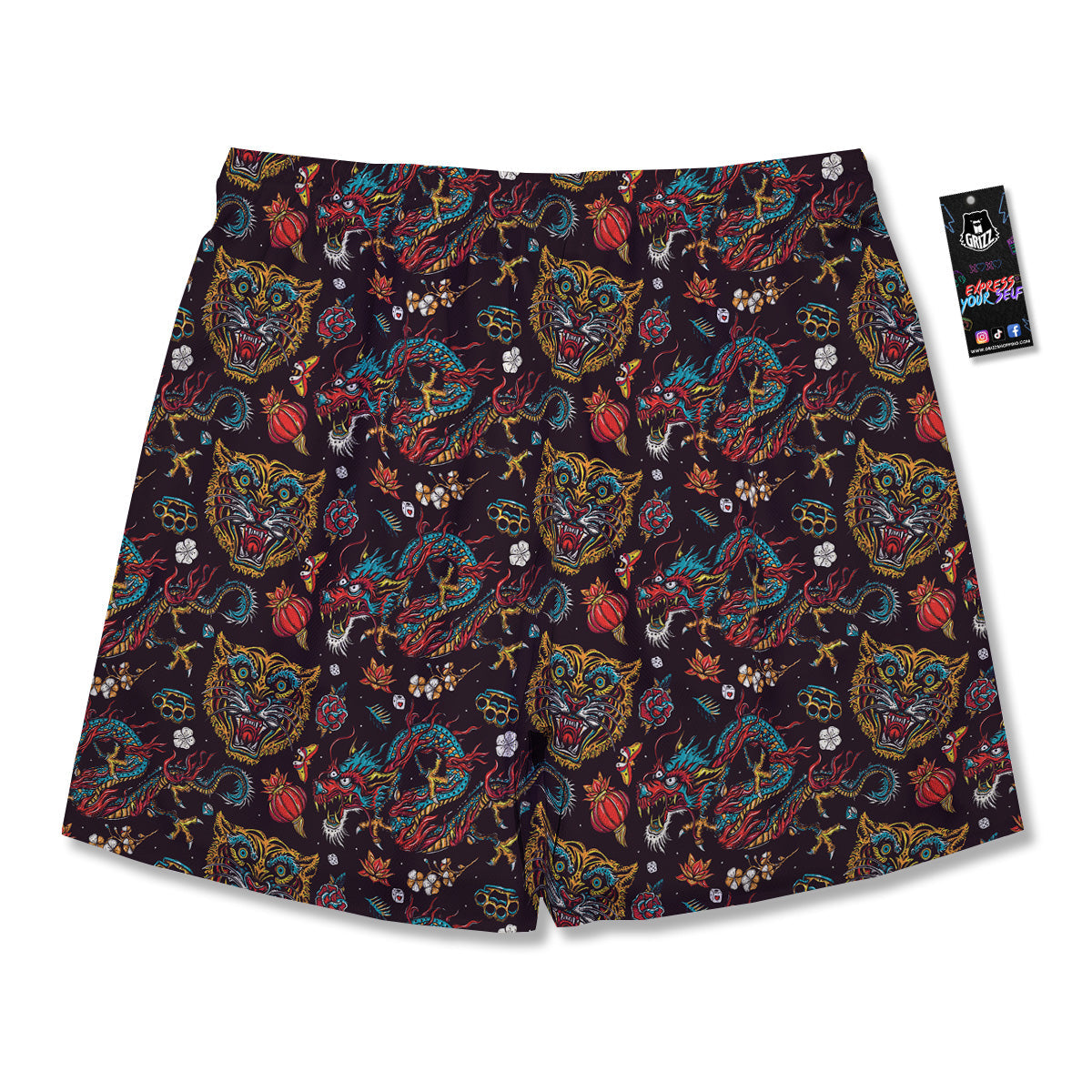 Tigers And Dragons Colorful Tattoo Print Pattern Men's Running Shorts-grizzshop