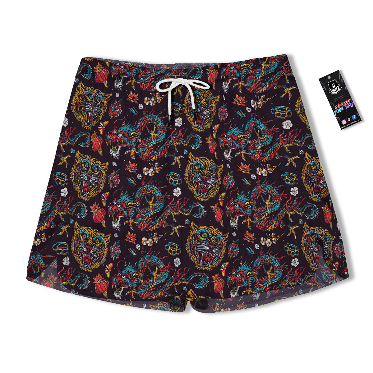 Tigers And Dragons Colorful Tattoo Print Pattern Men's Running Shorts-grizzshop