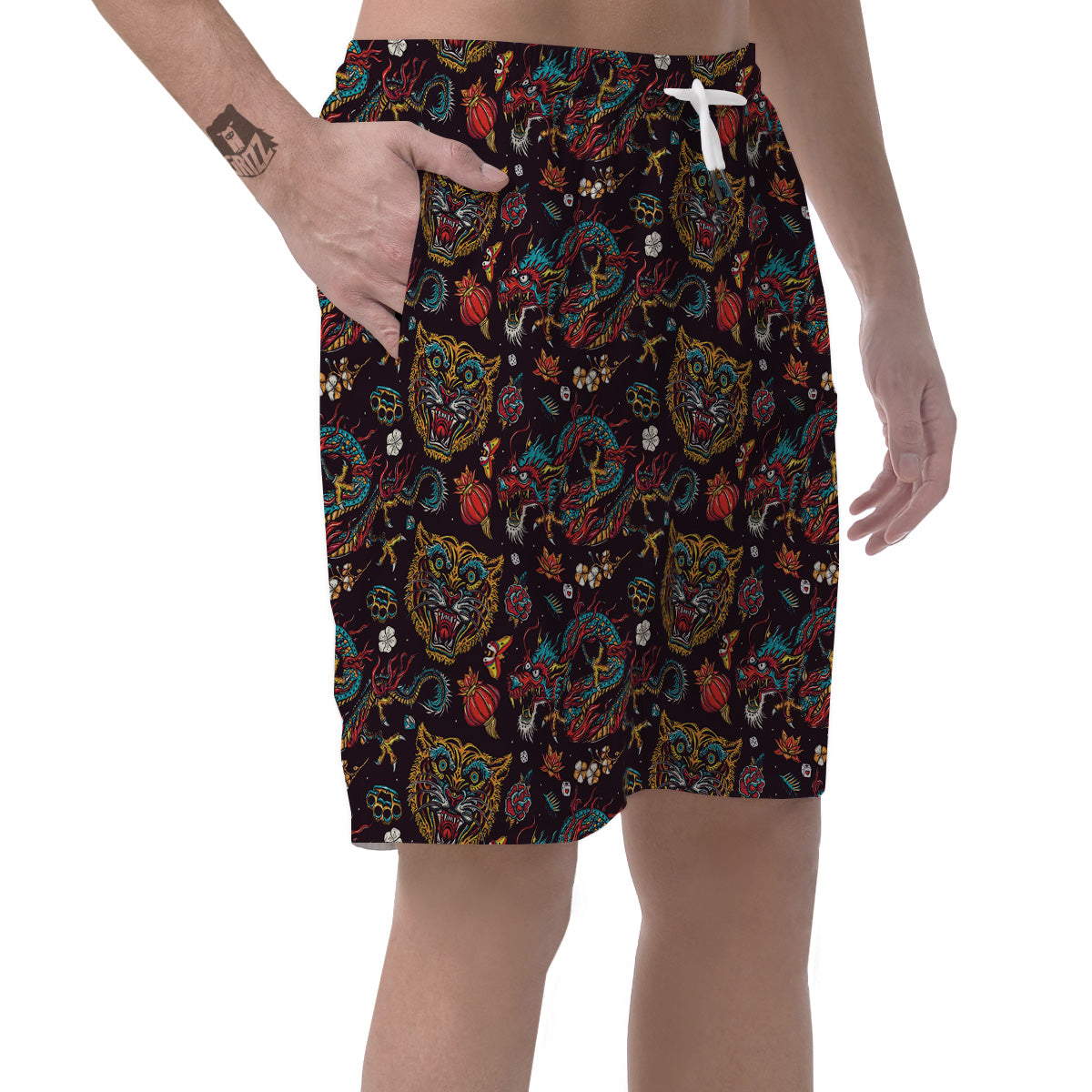 Tigers And Dragons Colorful Tattoo Print Pattern Men's Shorts-grizzshop