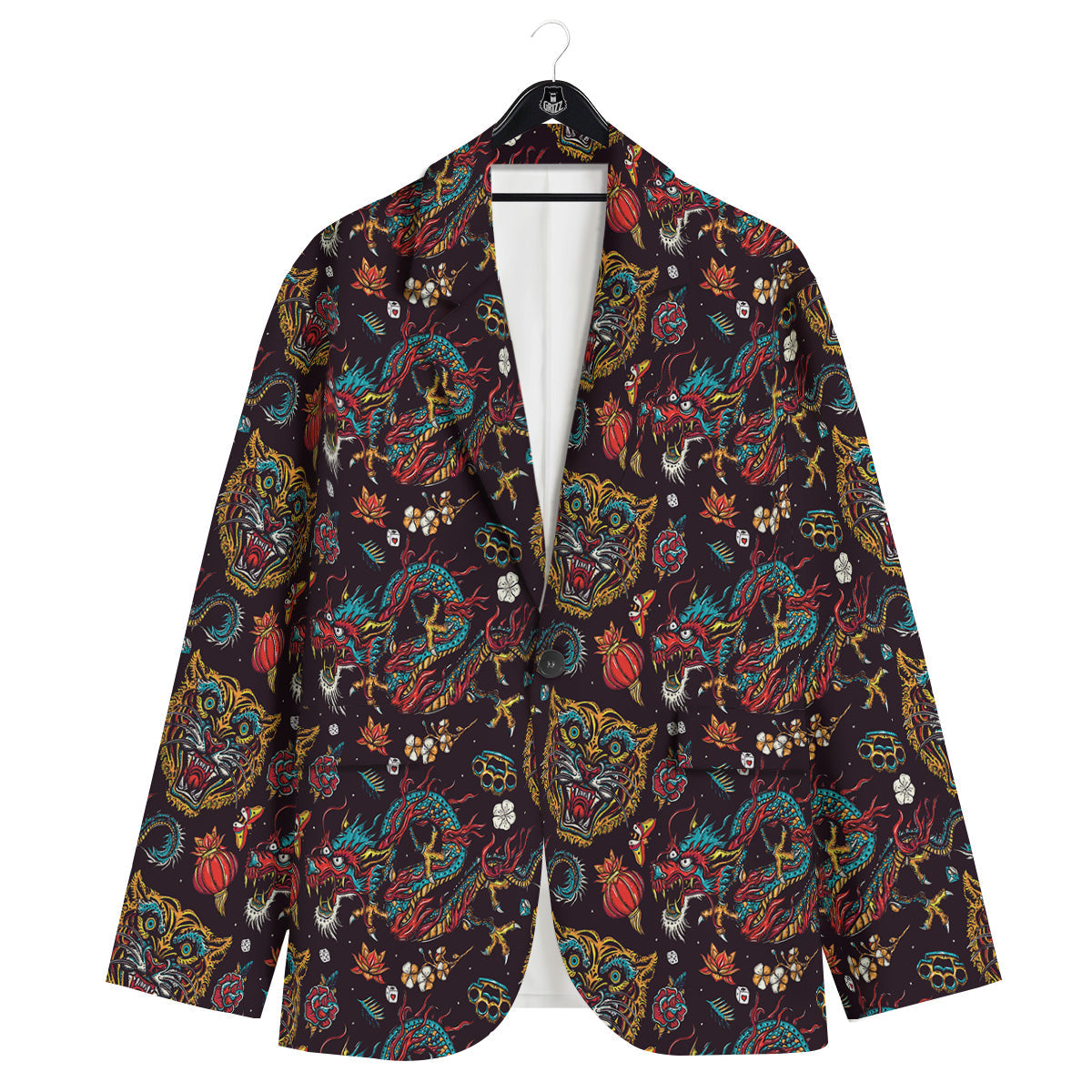 Tigers And Dragons Colorful Tattoo Print Pattern Men's Sport Coat-grizzshop