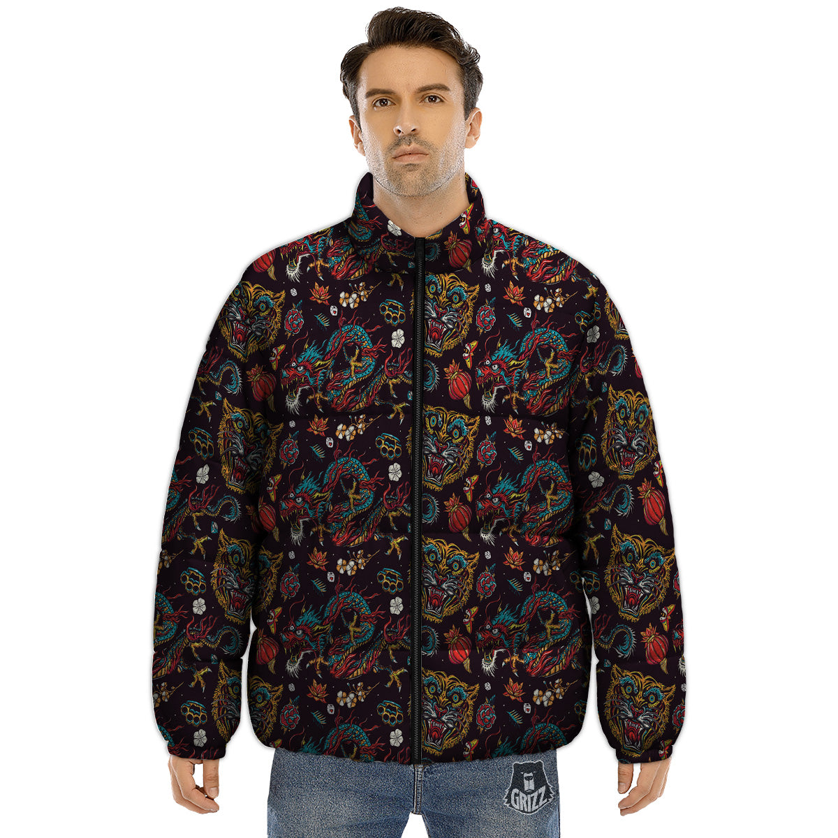 Tigers And Dragons Colorful Tattoo Print Pattern Puffer Jacket-grizzshop