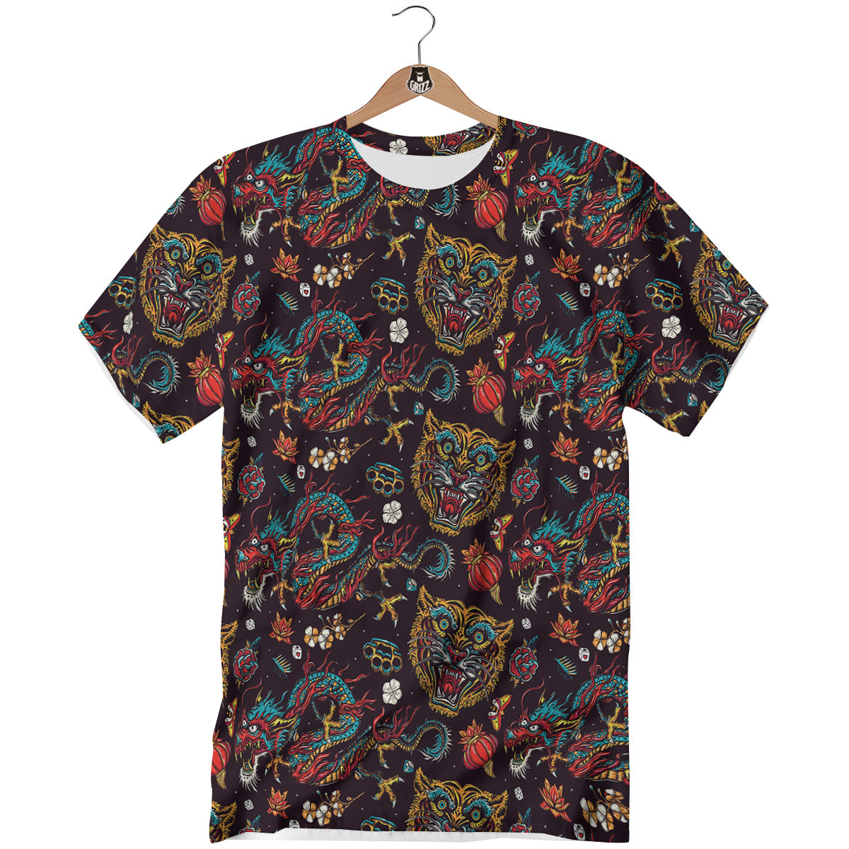 Tigers And Dragons Colorful Tattoo Print Pattern T-Shirt-grizzshop