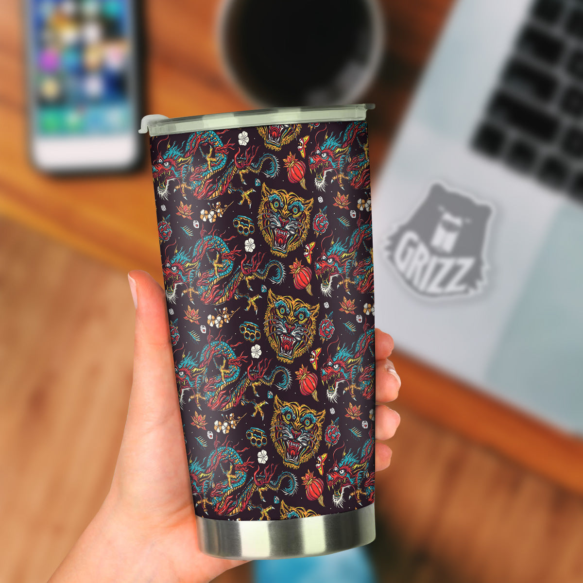 Tigers And Dragons Colorful Tattoo Print Pattern Tumbler-grizzshop